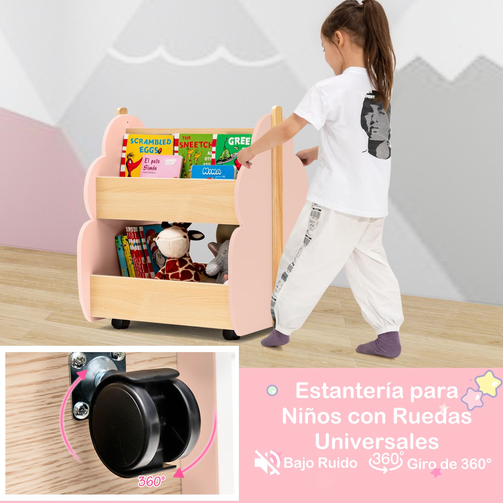 COSTWAY Estantería Infantil de Madera con Ruedas, Librería para Niños de 2 Niveles, Estantería para Juguetes, Multifuncional Organizador de Libros para Salon, Dormitorio de los Niños (Rosa)