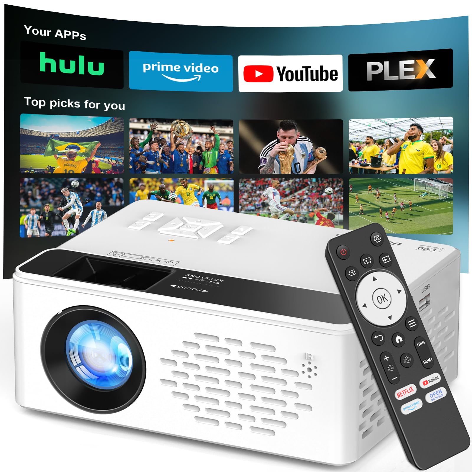 TMY Native 1080P Smart projector with WiFi and Bluetooth, Compatible with Netflix/Prime Video/YouTube, for Smartphone/TV Stick/HDMI/USB, indoor & outdoor use, Camping, Gaming