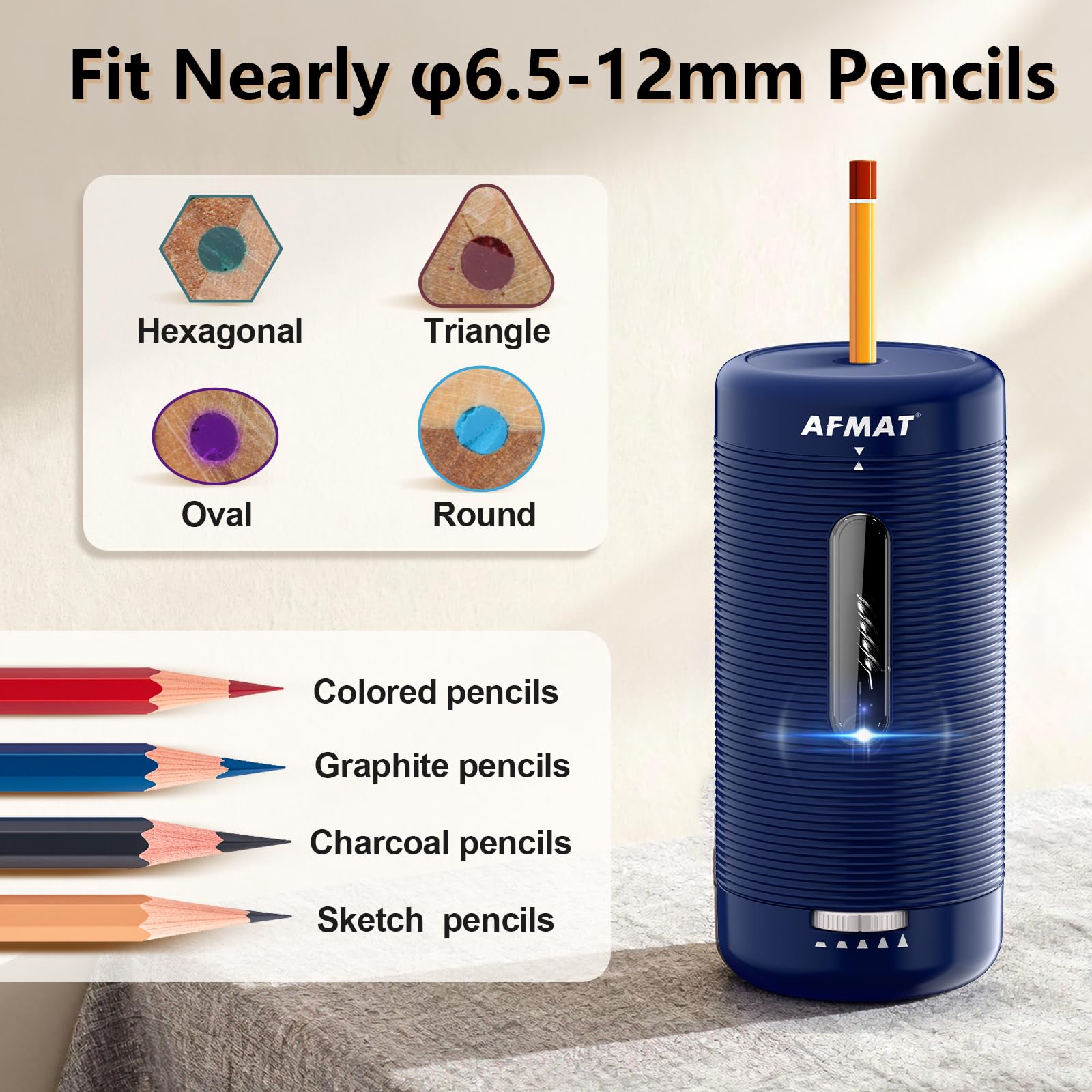 AFMAT Taille-crayon électrique entièrement automatique avec réservoir pour enfants, rechargeable par USB, pour crayons épais de 6,5 à 12 mm, batterie et USB pour l'éducation, l'école, le bureau, bleu