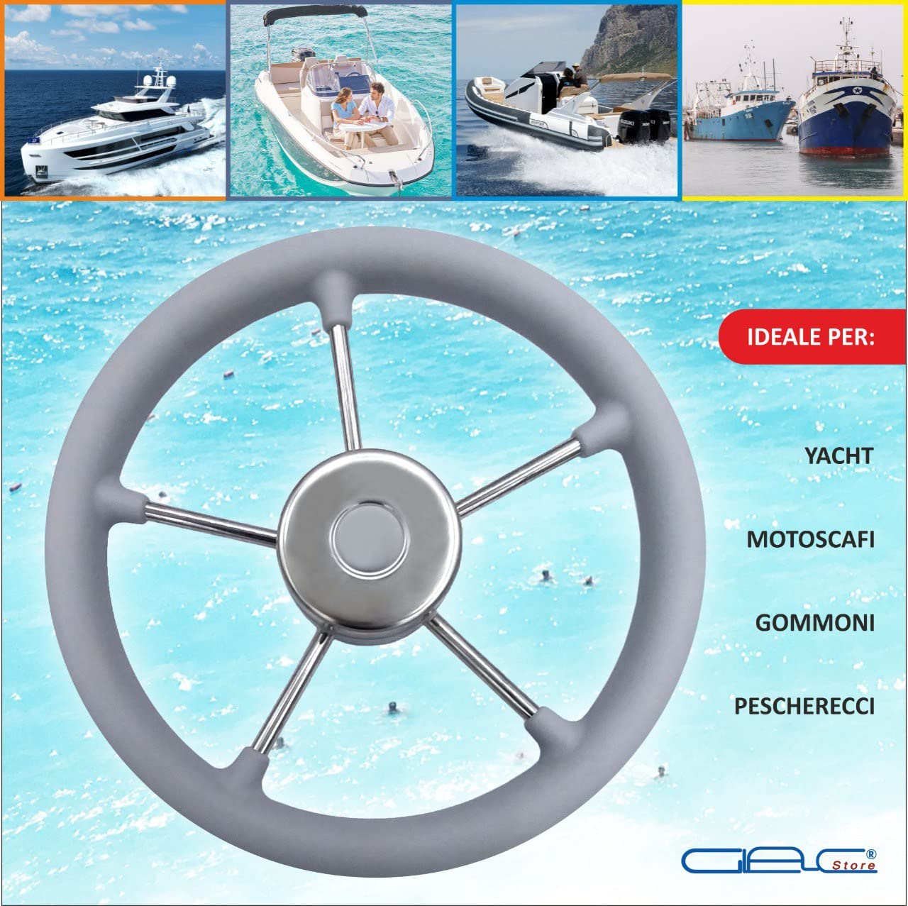 Glac Store® Volante Timone Nautico Bianco Grigio Nero per Barca a 5 razze in Acciaio Inox Impugnatura in Poliuretano Diametro Ø 32,5 35 40 cm (Diametro 32,5cm GRIGIO)
