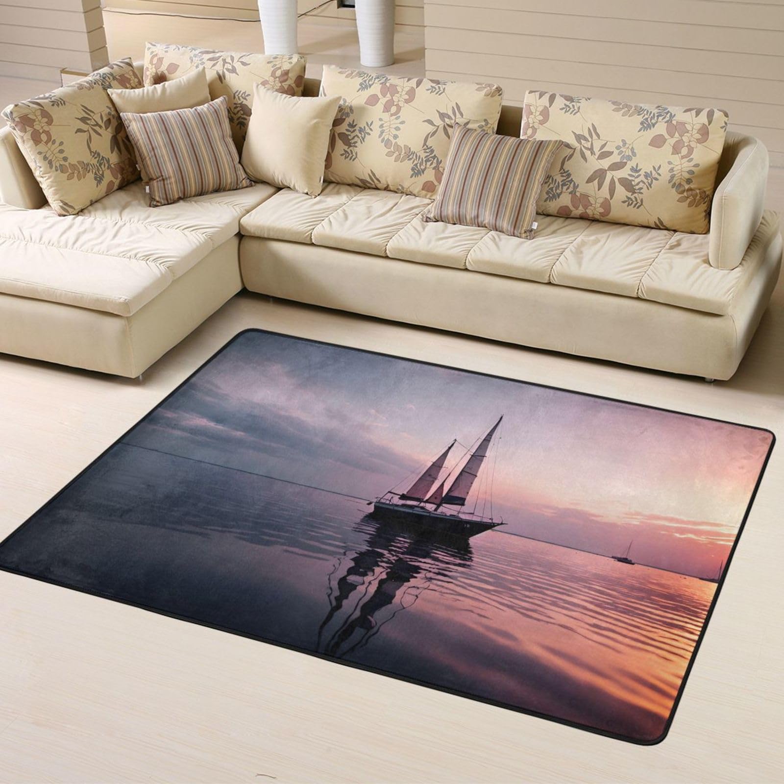 WZYWHJ Area Rugs,Living Room Floor Mats Runner Rug Non-Skip Nursery Mat Playing Carpet 63 x 48 inch Sailboat at Sunset Printing