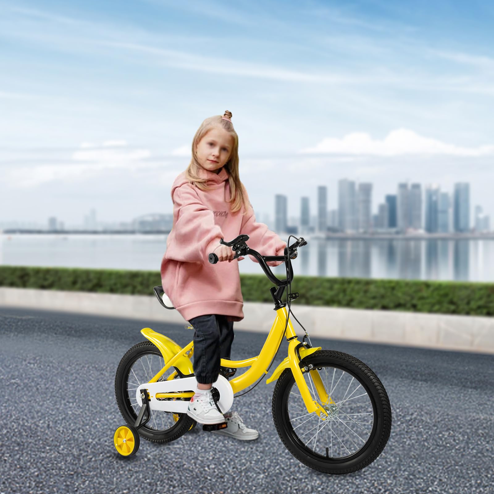Vélo enfant 16 pouces roues stabilisatrices garçons filles 4-8 ans guidon selle réglables cadre acier carbone double freinage