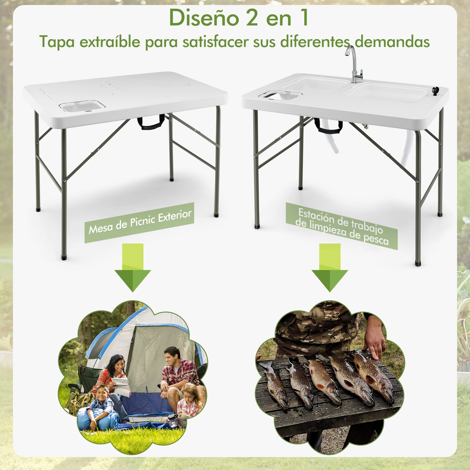 COSTWAY Mesa Plegable Camping, 2 en 1 Mesa+Estación de Limpieza, Grifo Giratorio 360°y 2 Fregaderos para Pesca, Picnic Portátil para Camping, Pesca, Barbacoa, 101,5 x 65,5 x 107,5 cm(Estilo 4)