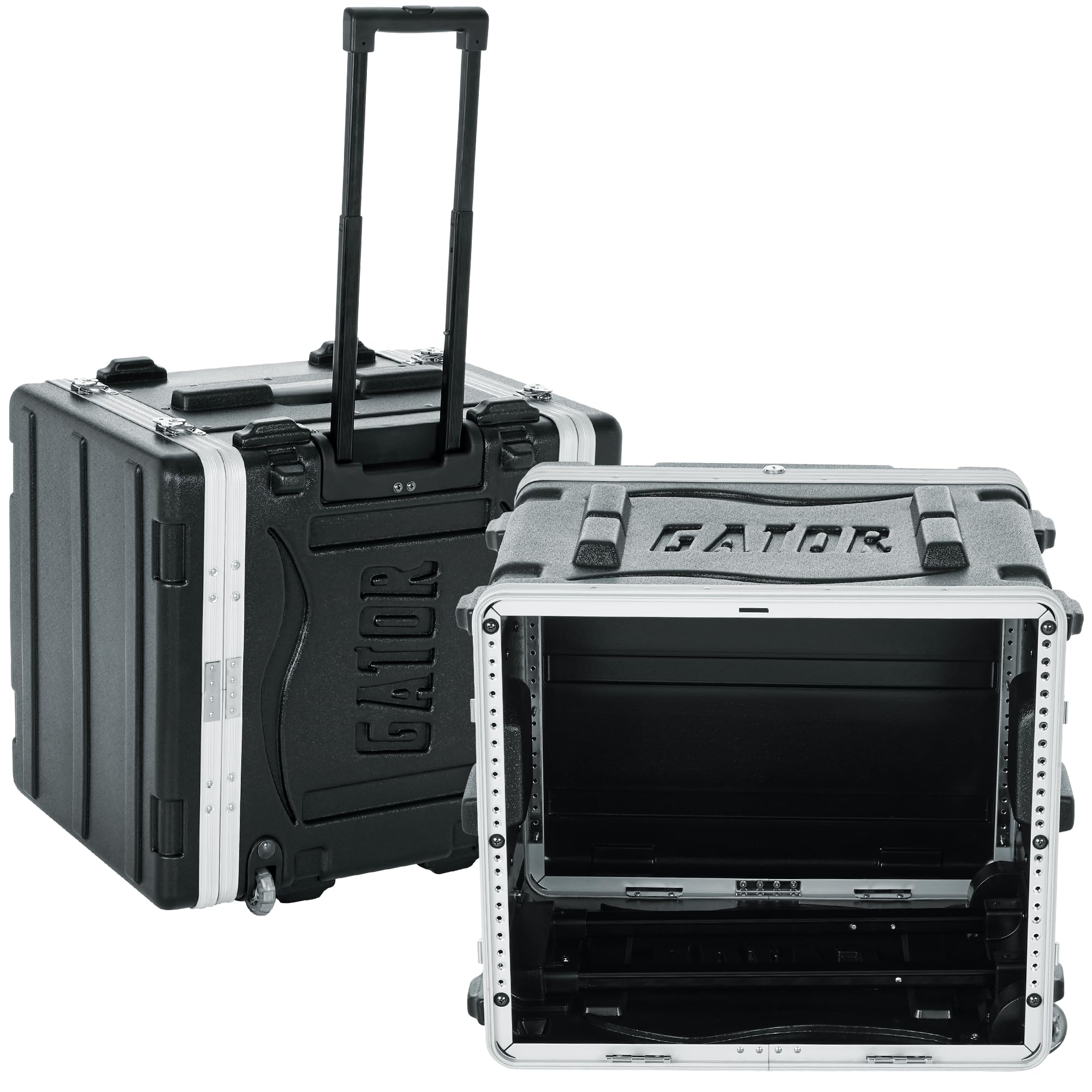 Gator Molded PE 8U 19.25 inch Rack Case with Front/Rear Rails/Pull Handle/Recessed Wheels and Locking