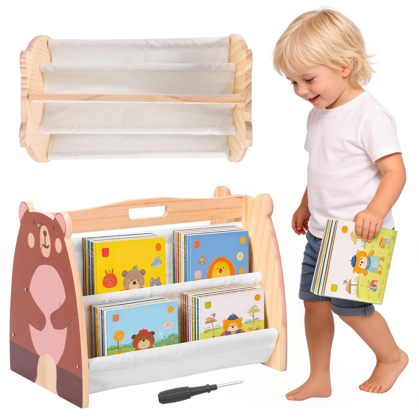 BUTORY Kids Bookshelf Wooden Double Sided children's bookcase with 4 Tiers Deep Sleeves Toddler Book Shelf for kids Nursery Room Playroom Classroom