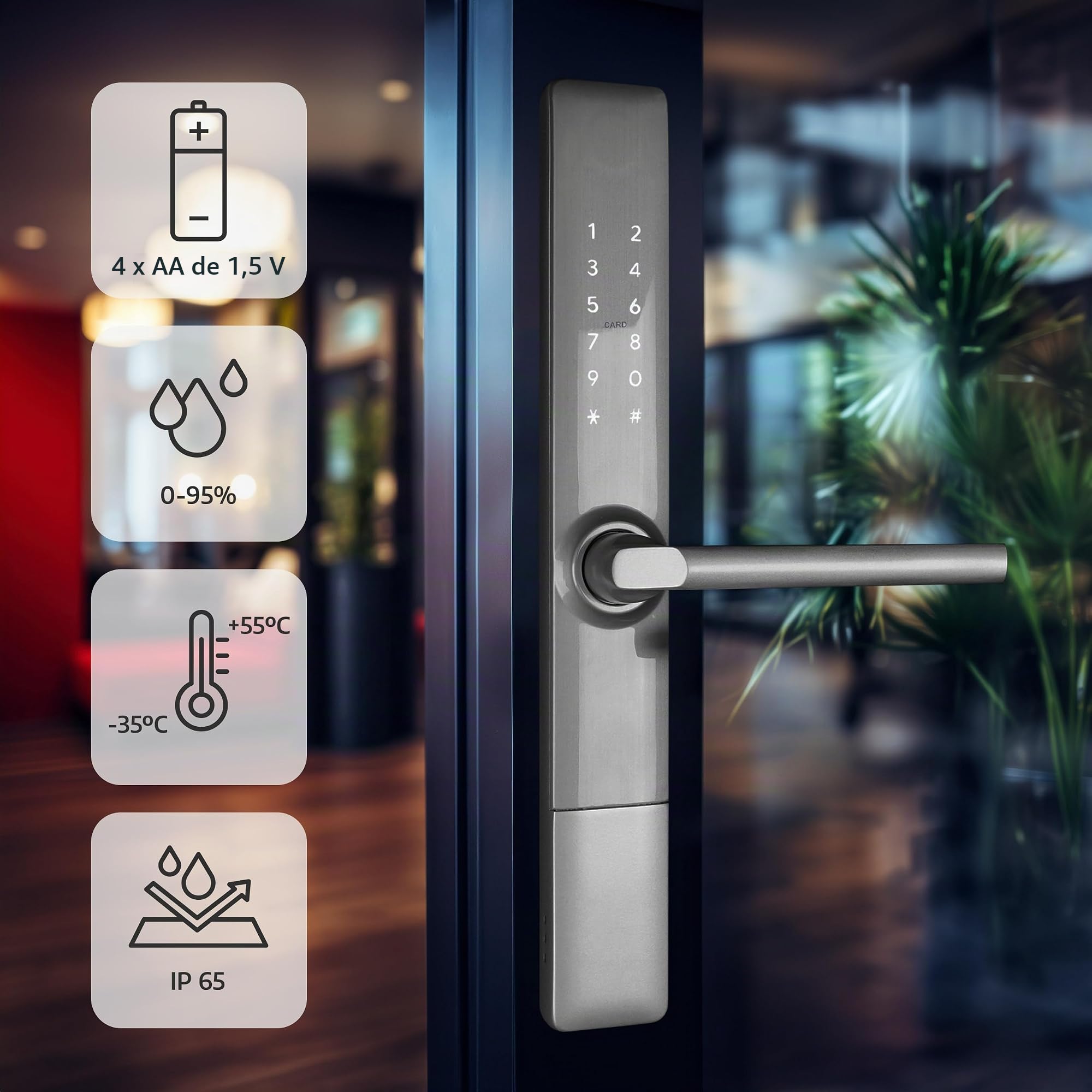 EURA ELH-71H4 Cerradura de puerta inteligente delgada con manija Cerradura combinada de 13,56 MHz Lector de proximidad IP65 Espaciado universal entre pernos más plata