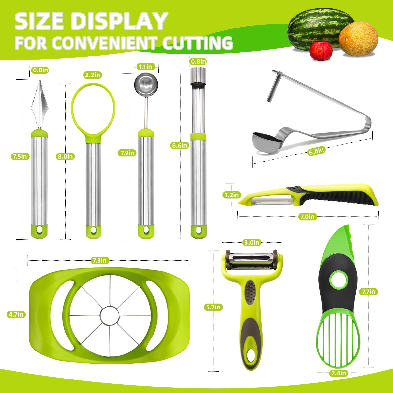 9Pcs Melon Baller Scoop Set,Fruit Shape Cutters,Avocado Slicer tool 3 in 1,Apple Slicer,Fruit Scooper and Baller, Vegetable Peelers, Apple Cutter and Corer,Green - Image 2
