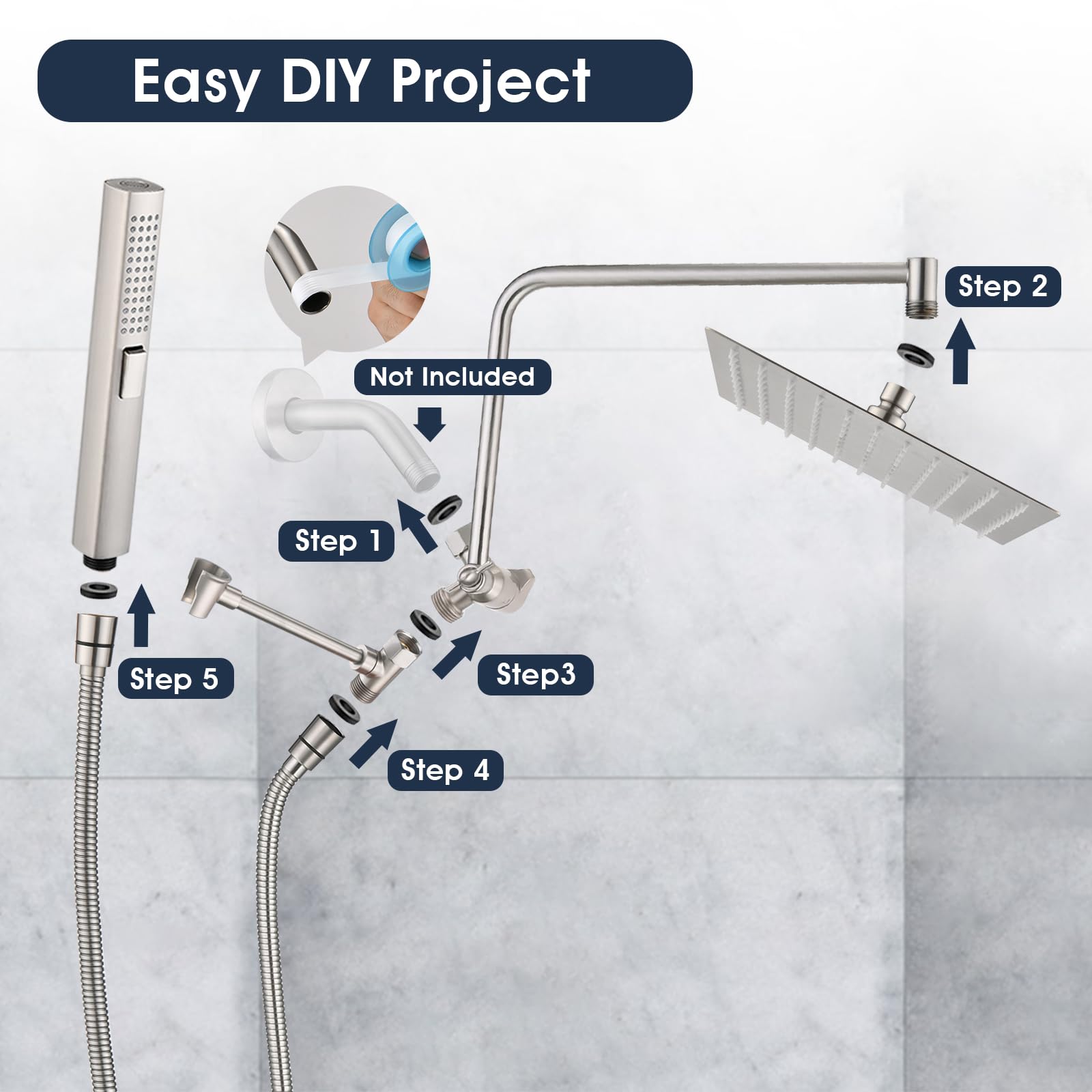 PDPBath Cabezal de ducha de lluvia de metal de 12 pulgadas con combo de rociador de mano, cabezal de ducha de lluvia de alta presión con brazo de extensión ajustable en forma de Z, manguera extra