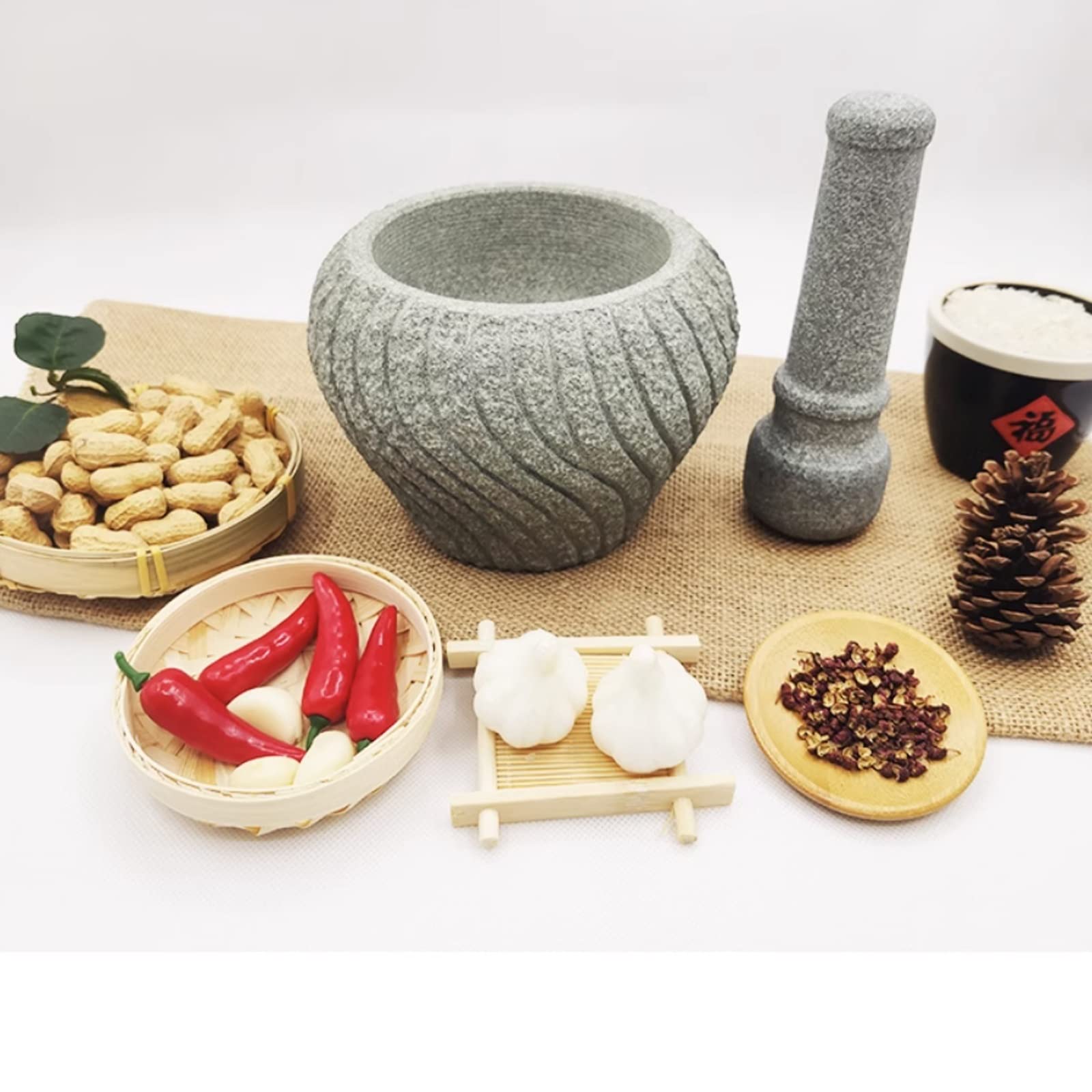 Knoblauchpresse Edelstahl Mörser- und Stößel-Set, unpolierter schwerer Granit, Mörser und Stößel, verbesserte Leistung und organisches Aussehen, Pillenbrecher, Gewürzmühle Knoblauchzerkleinerer(Groß)