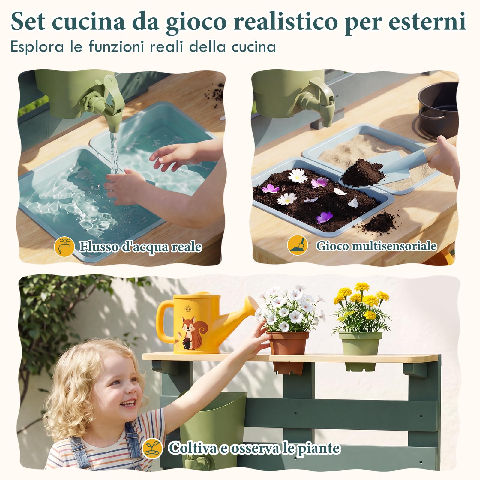 Lehoo Castle Cucina Bambini Legno - Mud Kitchen da Esterno con Lavello a Acqua Corrente, Giochi Sensoriali per Cucinare e Annaffiare, Giocattolo Montessori per Giardino 3+ Anni