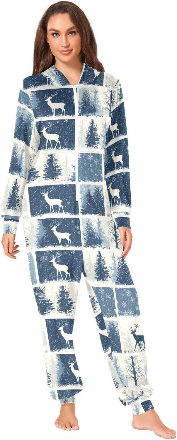 ZZKKO Forest Deer Winter Snow Adult Onesie Pajamas for Women Men Cozy One Piece Pajamas Costume Zip-Up Hooded S-XL