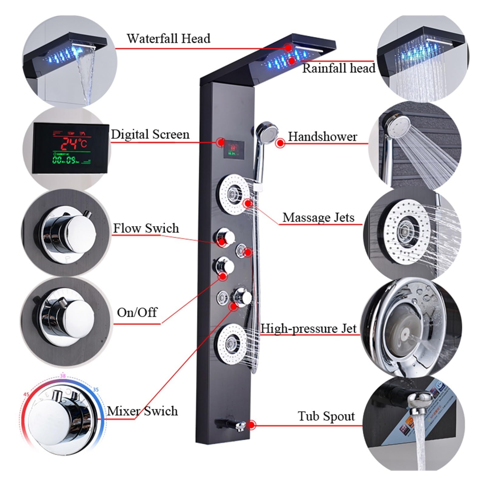Rubinetto for Doccia da Bagno Nero/Spazzolato di recente Lusso, Pannello Doccia a LED, Miscelatore for Vasca da Bagno a Colonna con Schermo for la Temperatura della doccetta(Brushed Nickle D)