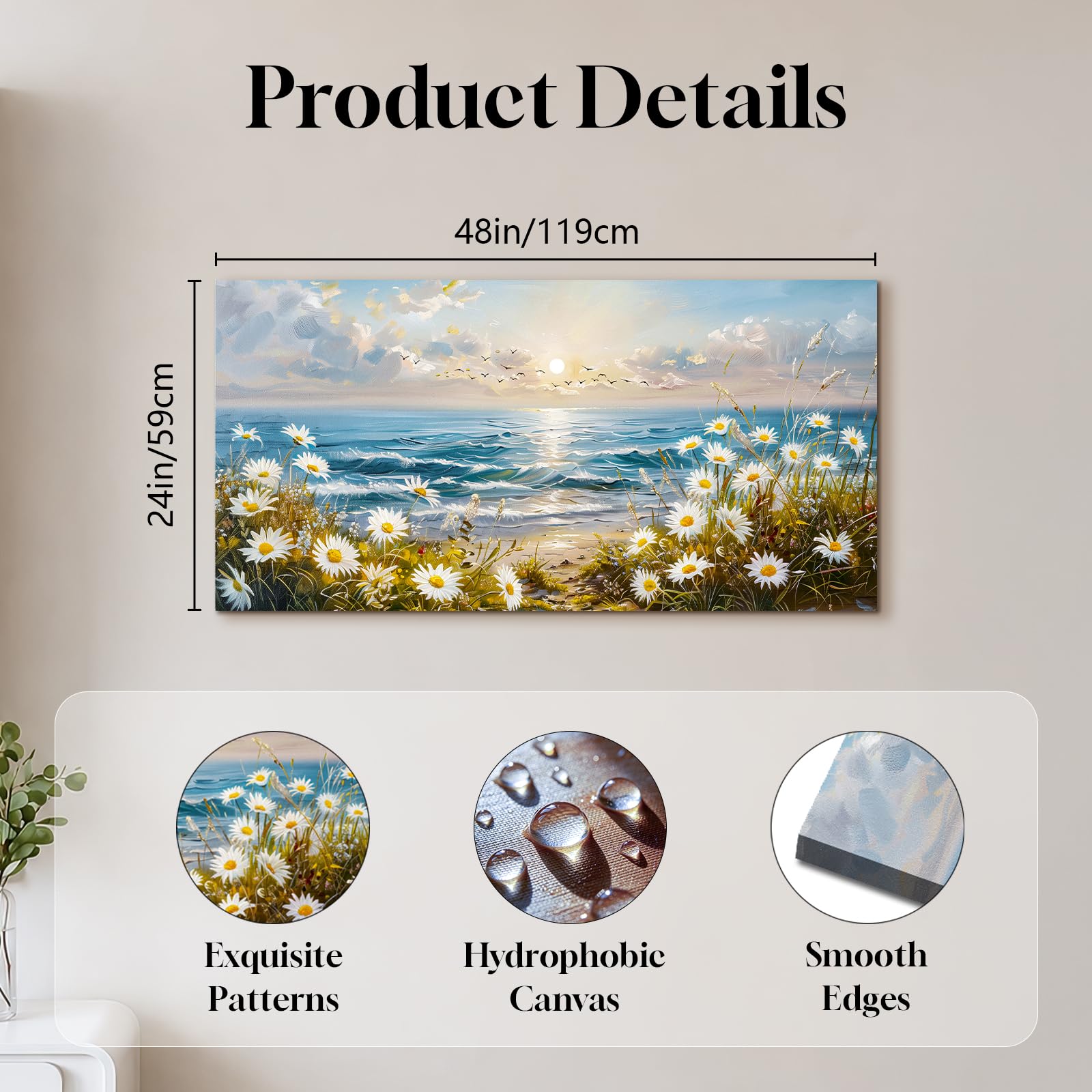 SERIMINO Aesthetic Wandbild Meer Wildblume Bilder Wohnzimmer 59x119 cm | Gänseblümchen Meer Wanddeko Hochauflösender Druck Stabiler Holzrahmen Geschützte Leinwand Einfache Montage Vielseitig Nutzbar