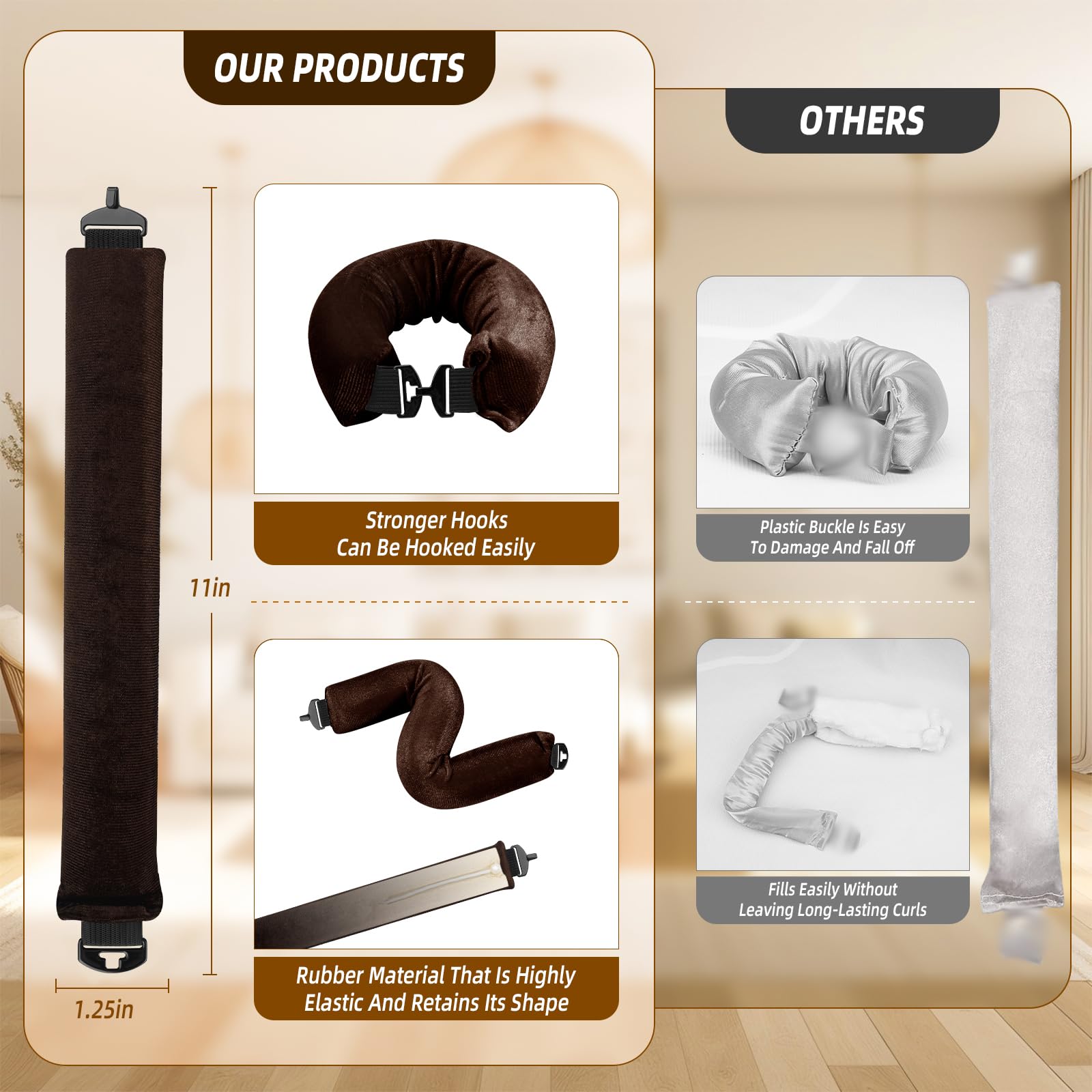 Heatless Curls Overnight Rods Jumbo Set, Heatless Hair Curler Velvet Satin Jumbo Flexi Rods to Sleep in, No Heat Overnight Sleeping Blowout Curls Wave Styling Tools with Silk Scarf 4pcs Brown