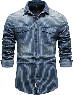 OULIWANGLUO Men's Washed Old Striped Denim Shirts Regular-Fit Long-Sleeve Denim Shirt Casual Denim Button Down Shirt