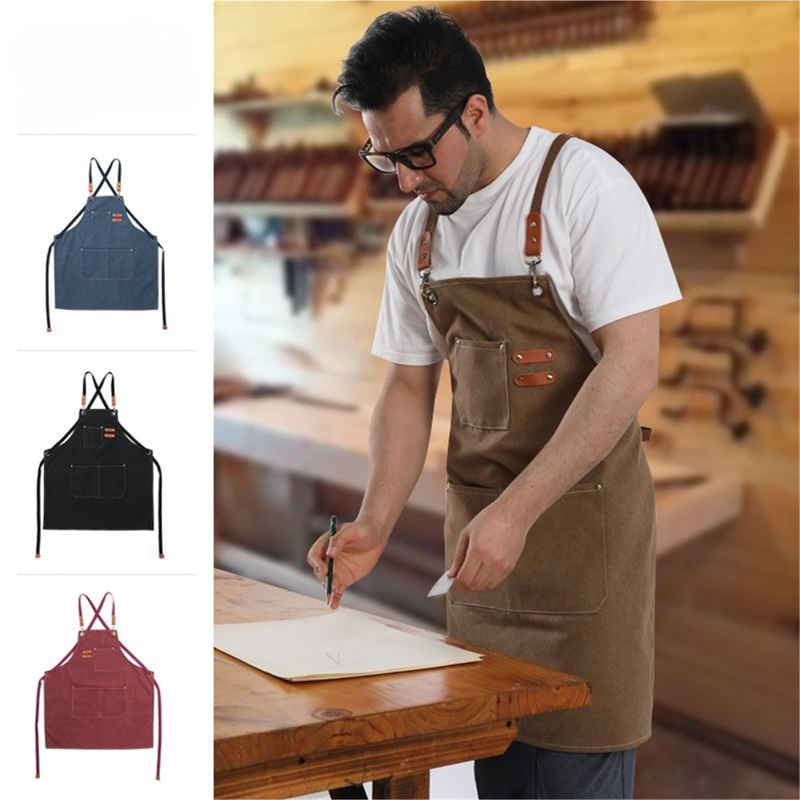 Lot de 2 tabliers en toile épaisse for cuisine, café, coiffeur, travail du bois, jardinage, bretelles cow-boy, sangle coton pour Hommes et Femmes