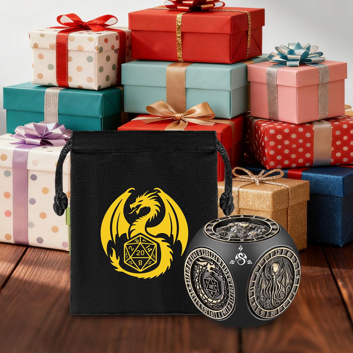 DND Spinner 7-en-1 Dés, Design en Relief 3D, Set de Dés en Métal D&D, Motif à 6 Côtés, Dés de Jeu Rotatifs Polyédriques D&D, Cadeaux DND avec Boîte Cadeau à Logo Dragon, Jeu de Rôle Accessoires, Noir