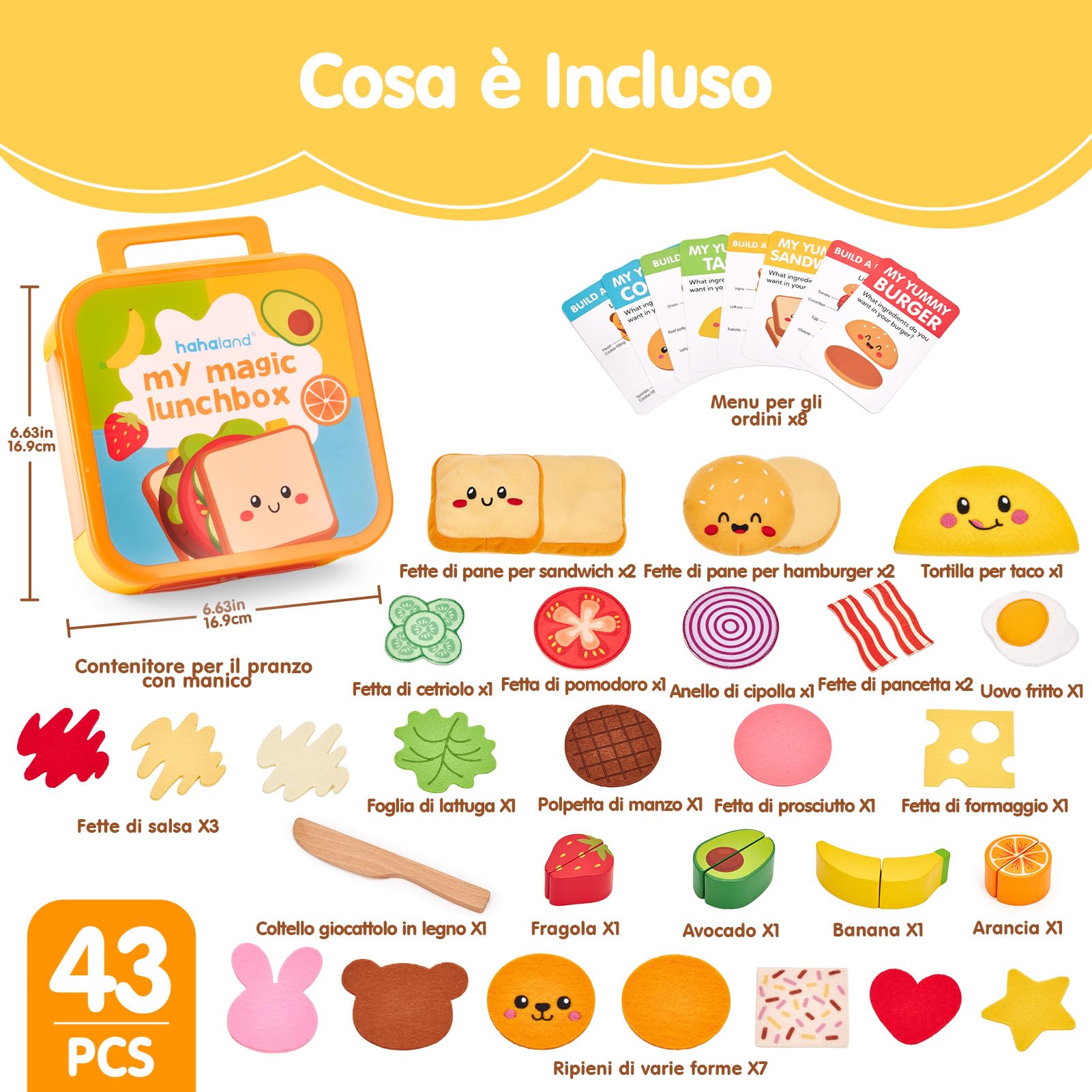 hahaland Cucina Giocattolo per Bambini, 43 Pcs Set Cucina Bambini 3-5 Anni | Giochi Montessori, con Cibo, Menu & Scatola, Facile da Riporre & Trasportare, Regalo Educativo Bimbo Bimba