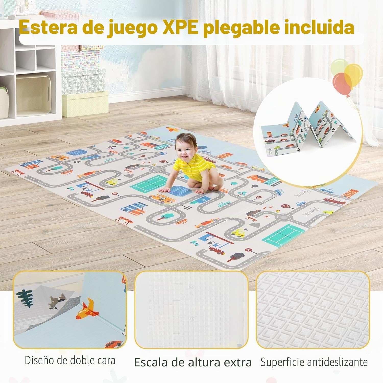 FANTASK Parque infantil plegable con colchón, 189 x 158 cm, con 50 pelotas de juego y 4 asas (gris claro)