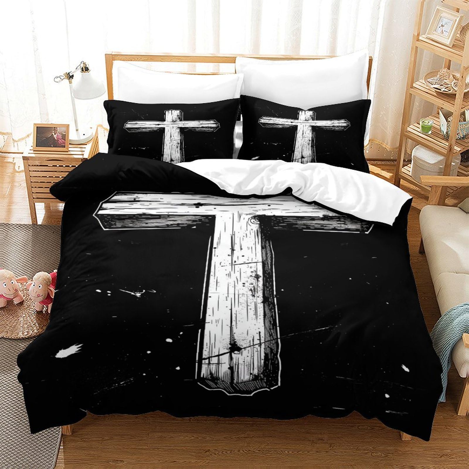 Housse de Couette Croix 140x200cm avec 2 Taies d'Oreiller en Microfibre Douce
