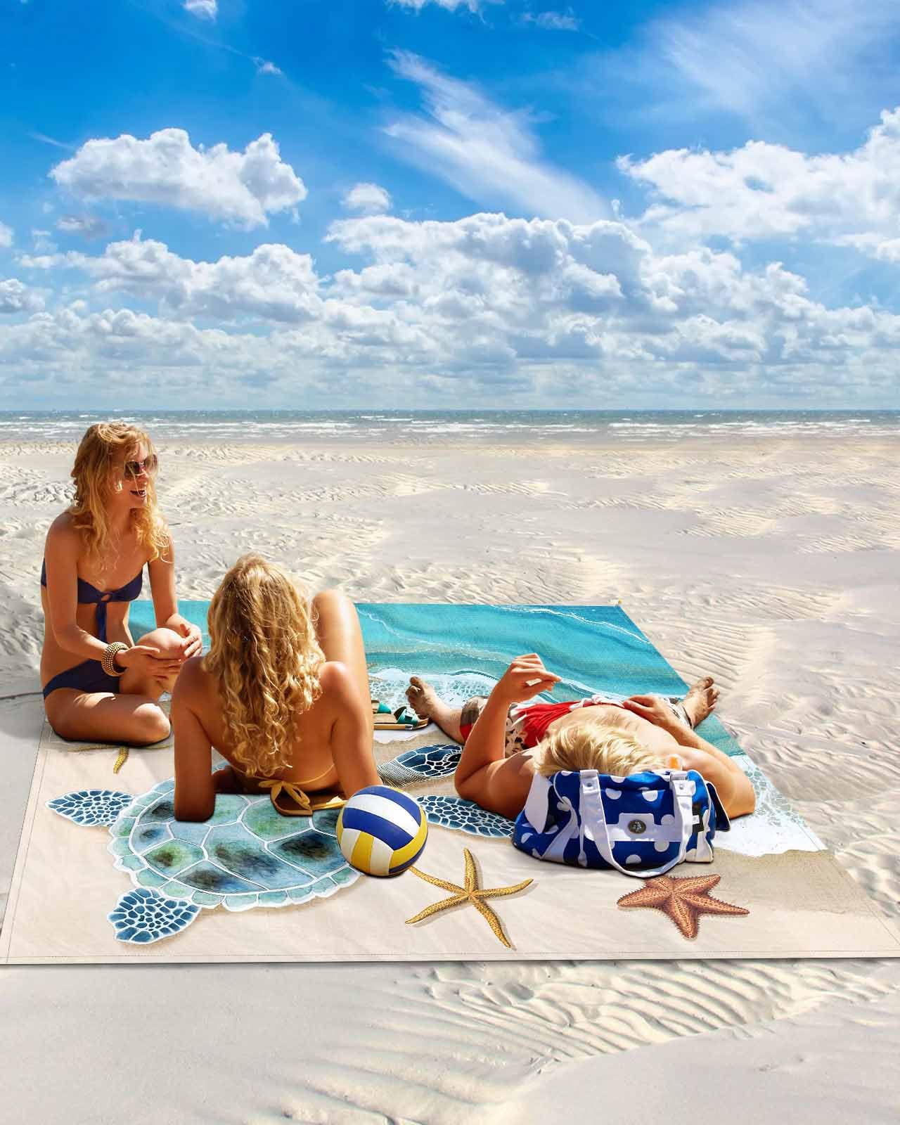 Beach Blanket Sandproof Waterproof Picnic Blankets Summer Ocean Sea Turtles Extra Large Lightweight Outdoor Beach Mat with Corner Pockets for Travel/Camping/Hiking Summer Beach Wavy Starfish