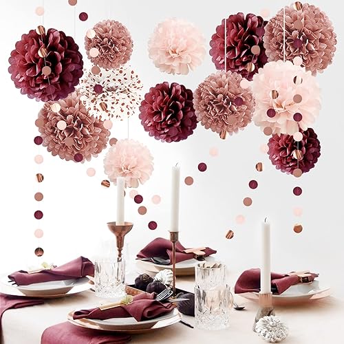 NICROLANDEE Decoraciones para el día de San Valentín, 8 rollos de serpentina de papel crepé color burdeos y oro rosa y 15 pompones de seda burdeos