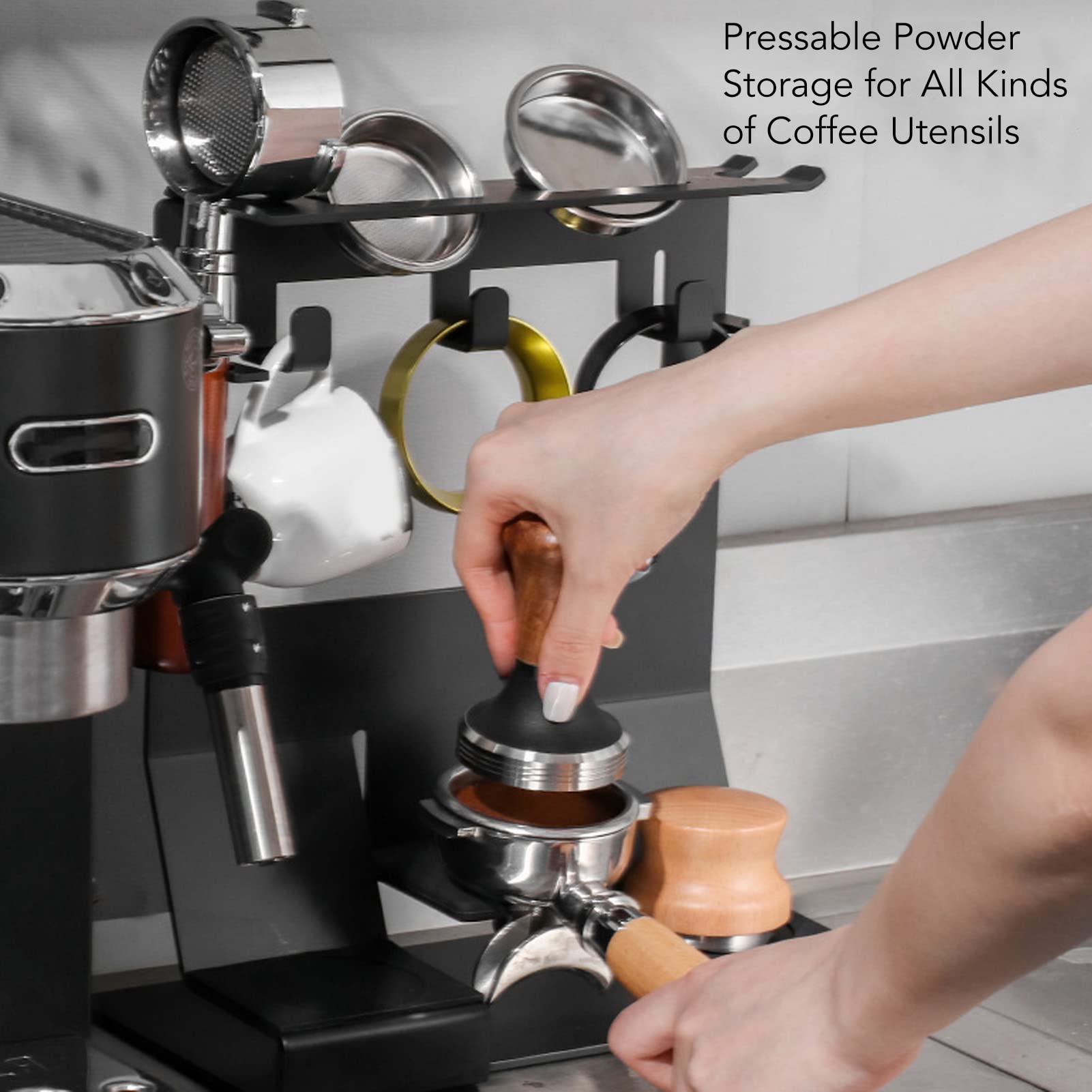 Aufbewahrungsregal für Kaffeeutensilien für Effiziente Organisation Im Heim-Café-Büro, Langlebiges Schwarzes Eisen, Größe 9,1 X 5,8 X 11,5 Zoll (für 51 54 mm Kaffeegriffe)