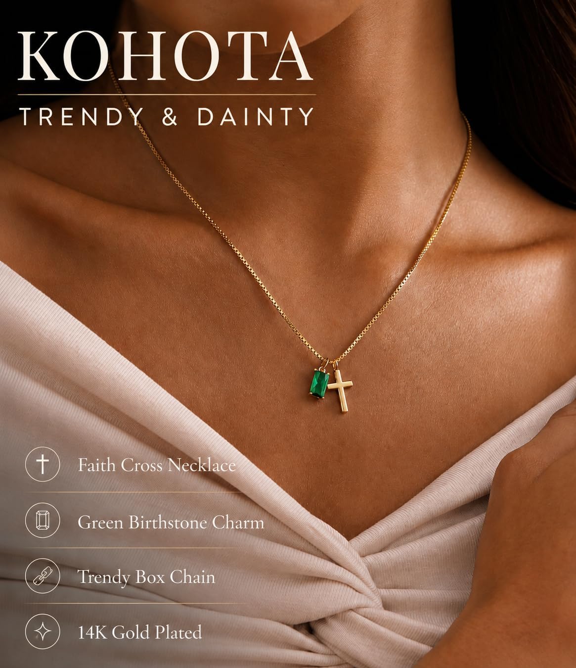 KOHOTA Birthstone Cross Necklace for Women Non Tarnish Dainty 14K Gold Plated Emerald Birthstone Charm Necklace for Women Trendy Gold Cross Pendant Necklace Faith Jewelry Birthday Gifts