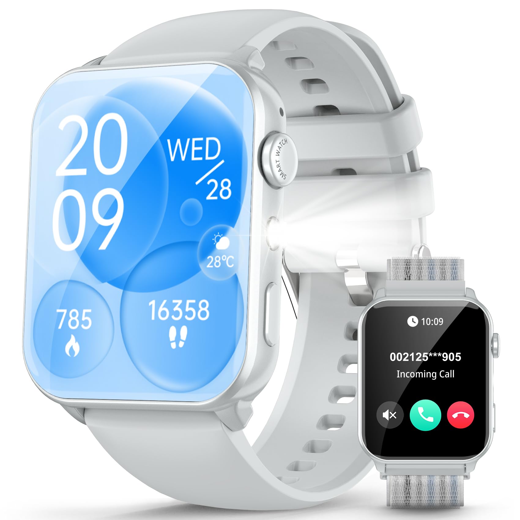 IOWODO Smartwatch Herren Damen 2025 | Bluetooth Anrufe & LED-Leuchte | SpO2 & Schlafüberwachung | 350mAh (6+ Tage) | 2 Armbänder (Silicone/Nylon) | Fitnessuhr für Android & iOS
