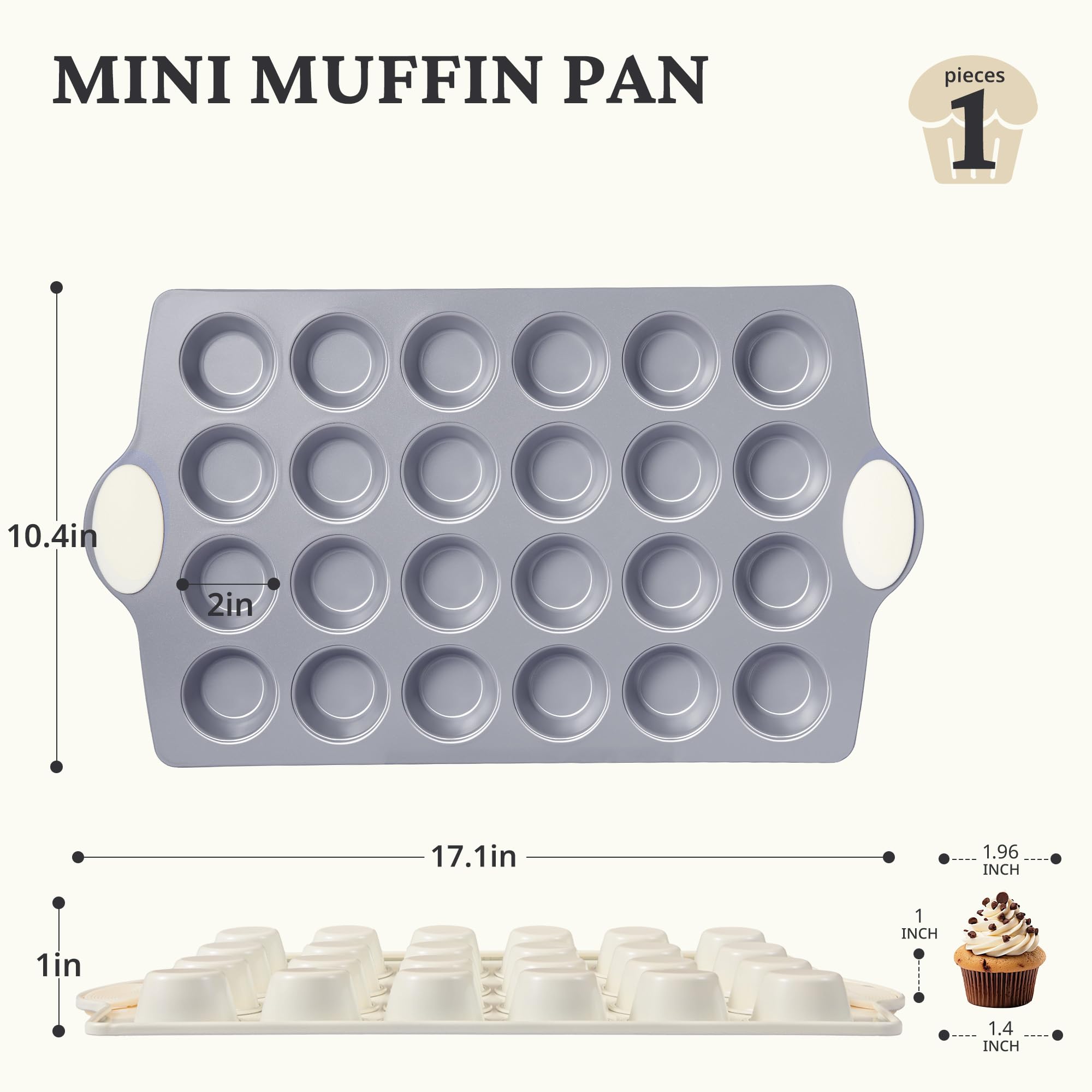 BRONYPRO Mini molde de cerámica para magdalenas, 24 tazas, antiadherente, acero aluminizado, mini molde para magdalenas, revestimiento de cerámica saludable no tóxico, 1 paquete de moldes para hornear