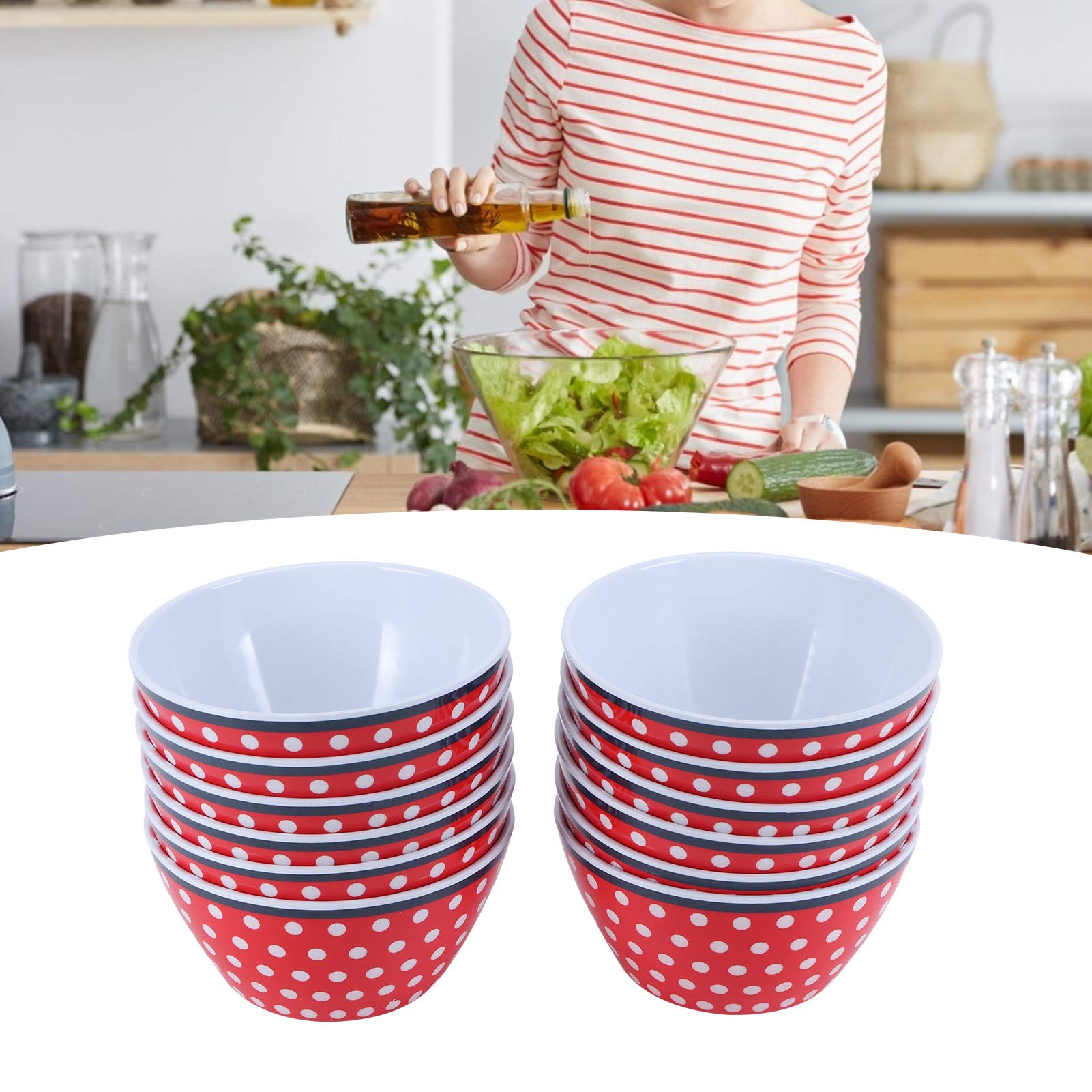 Cocoarm 12 Salatschüsseln aus Melamin, 14,6 X 7 Cm, Serviergeschirr, Stapelbar, Leicht zu Reinigen, Großes Fassungsvermögen für Salat, Suppe, Nudeln, Nudeln, Küchengeschirr (Rot mit Punkt)
