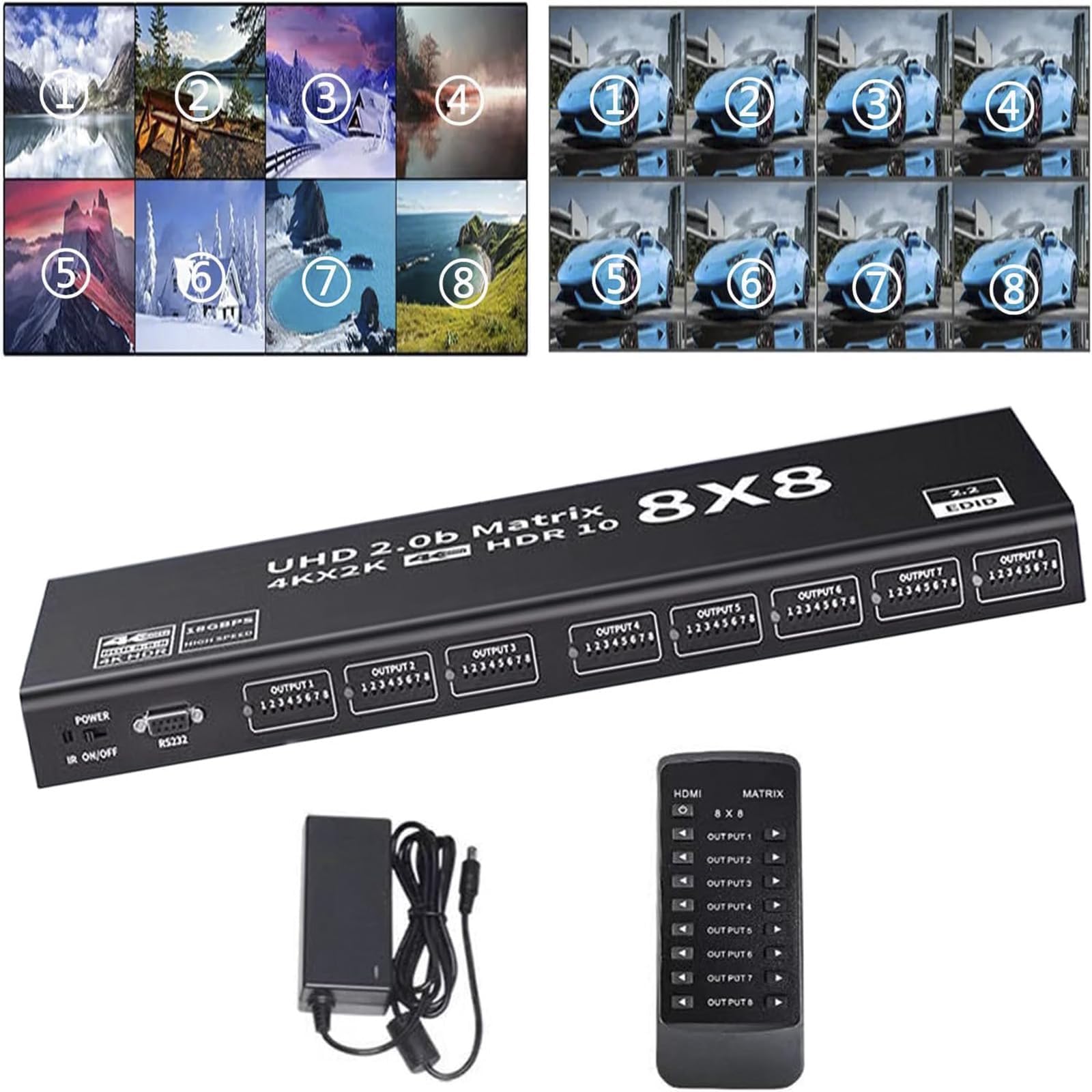 HDMI Matrix Switch 8×8 4K Explosive HDMI2.0 Matrix Distributor 8 in 8 Out Matrix Video Switch Splitter HD 4K@60Hz Support RS232 EDID IR Remote Control HDR 18Gbps 3D 3.5mm Stereo Audio Blu-Ray DVD et