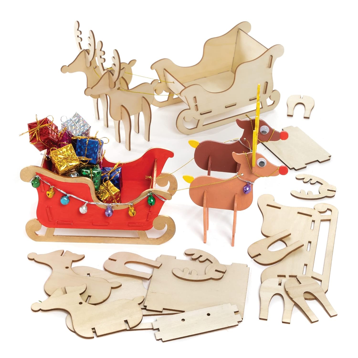 Baker Ross Wooden Reindeer and Sleigh Kits - Pack of 2, Wooden Crafts for Children to Decorate and Display, Make Your Own Christmas Decorations (FE852)