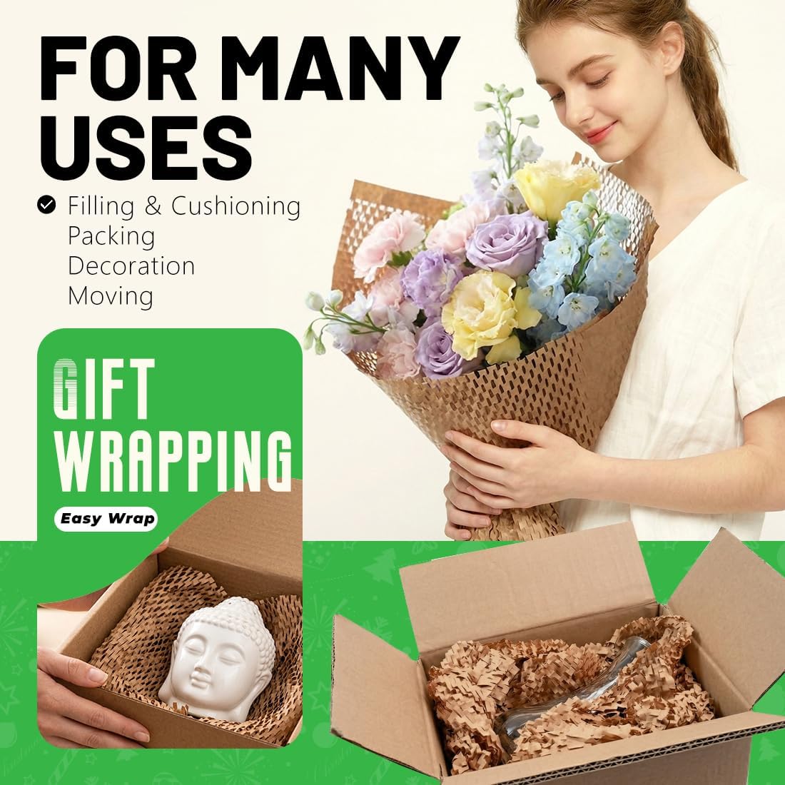 SMART&CASUAL Honeycomb Packing Paper 12" W x 180' L (2Pcs) Bubble Cushioning Wrap for Packing Moving Product Gift Wrapping Paper Recyclable Biodegradable Shipping Packing Materials (40 Stickers)