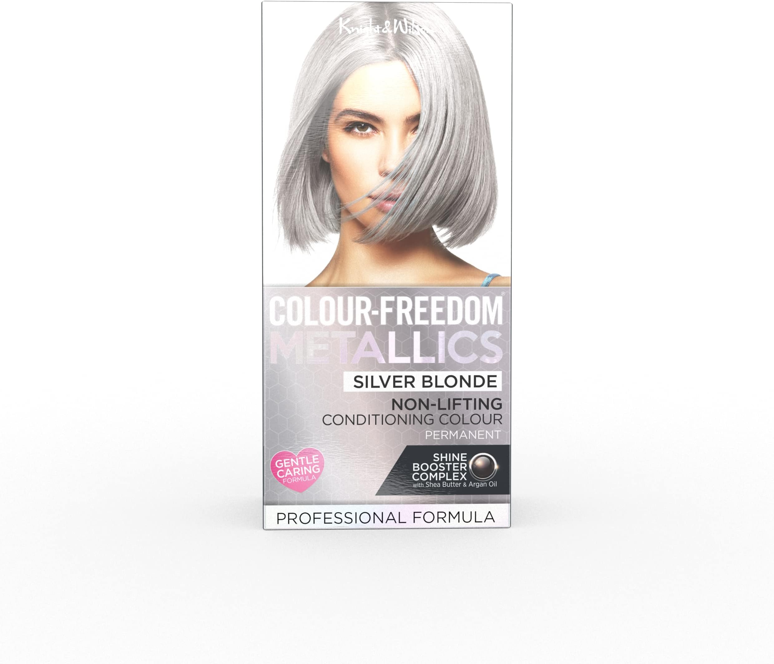 Colour Freedom Metallic Permanent Silver Conditioning Hair Dye. Infused with Shea Butter and Argan Oil for Ultra Glossy Conditioned Hair. 100% grey coverage. By Knight & Wilson. (Silver Blonde)