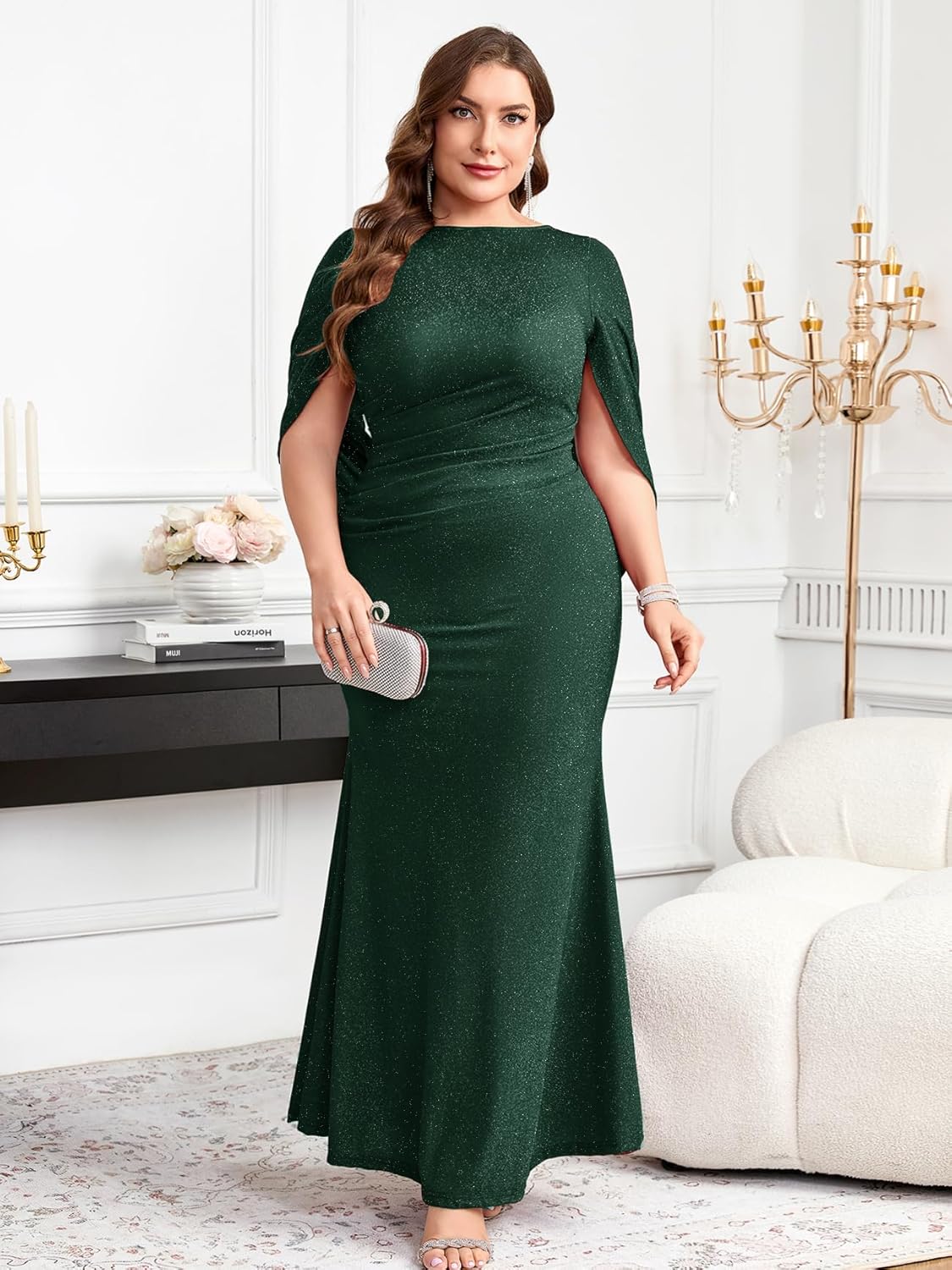 ZOMVA Plus Size Sparkly Glitter Mermaid Maxi Dress Sparkle Sequin Cape Sleeves Ruched Bodycon Dresses Cocktail Formal