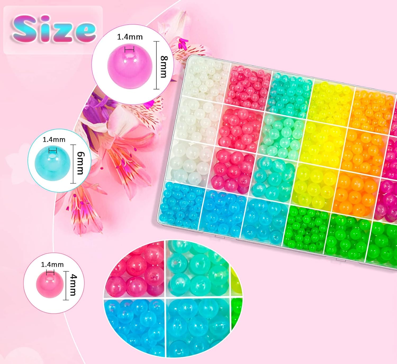 1000Pcs Glow in The Dark Beads Acrylic Luminous Round Beading Kit, 6MM 8MM 10MM Colorful Glowing Plastic Pastel Beads Spacer Charms for DIY Jewelry Craft Necklace Bracelet (Glow) - Image 2