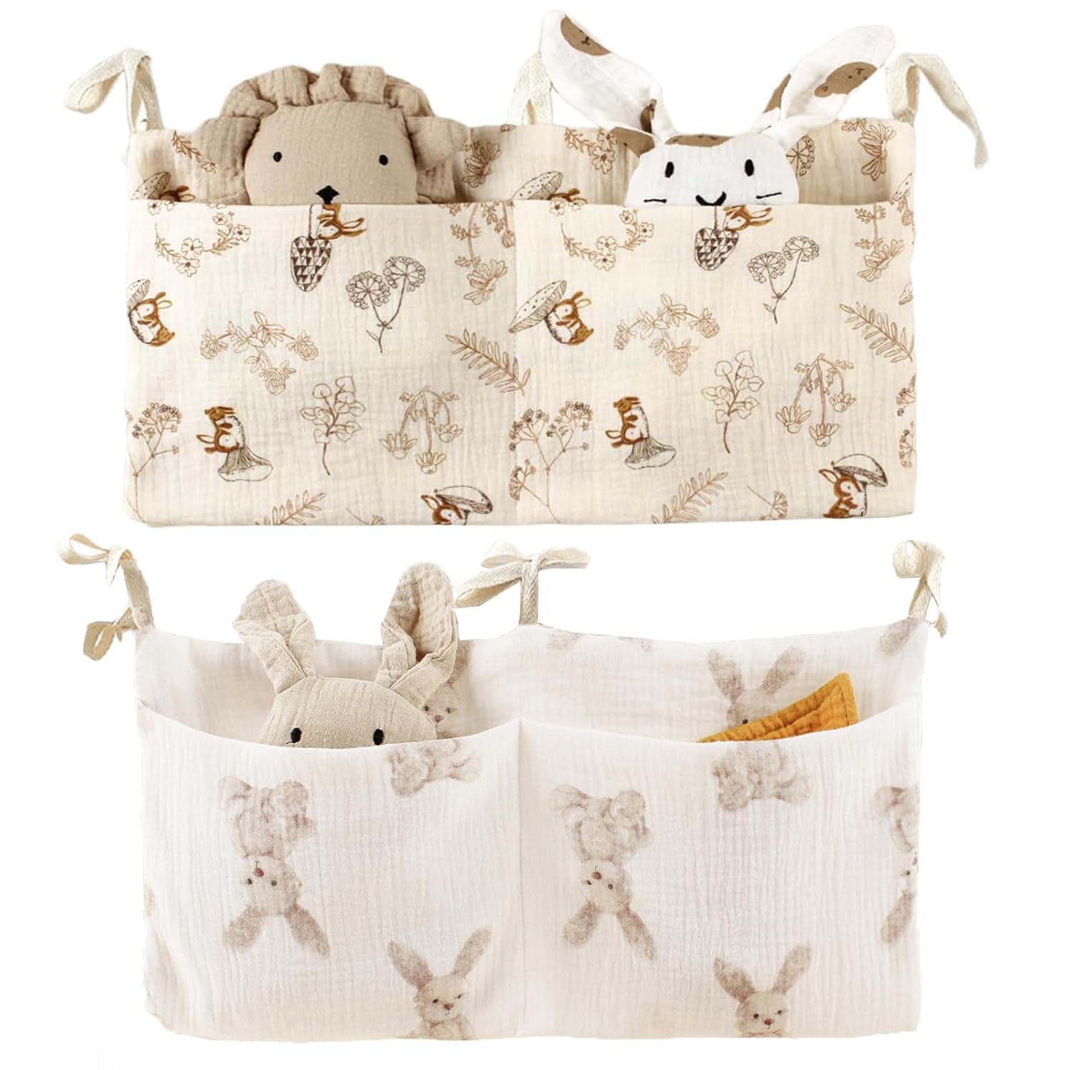 Sac De Rangement Suspendu Pour Lit Bébé - 2 Poches - 39 X 20 Cm - Crêpe Et Coton - Organisateur Couches Et Jouets