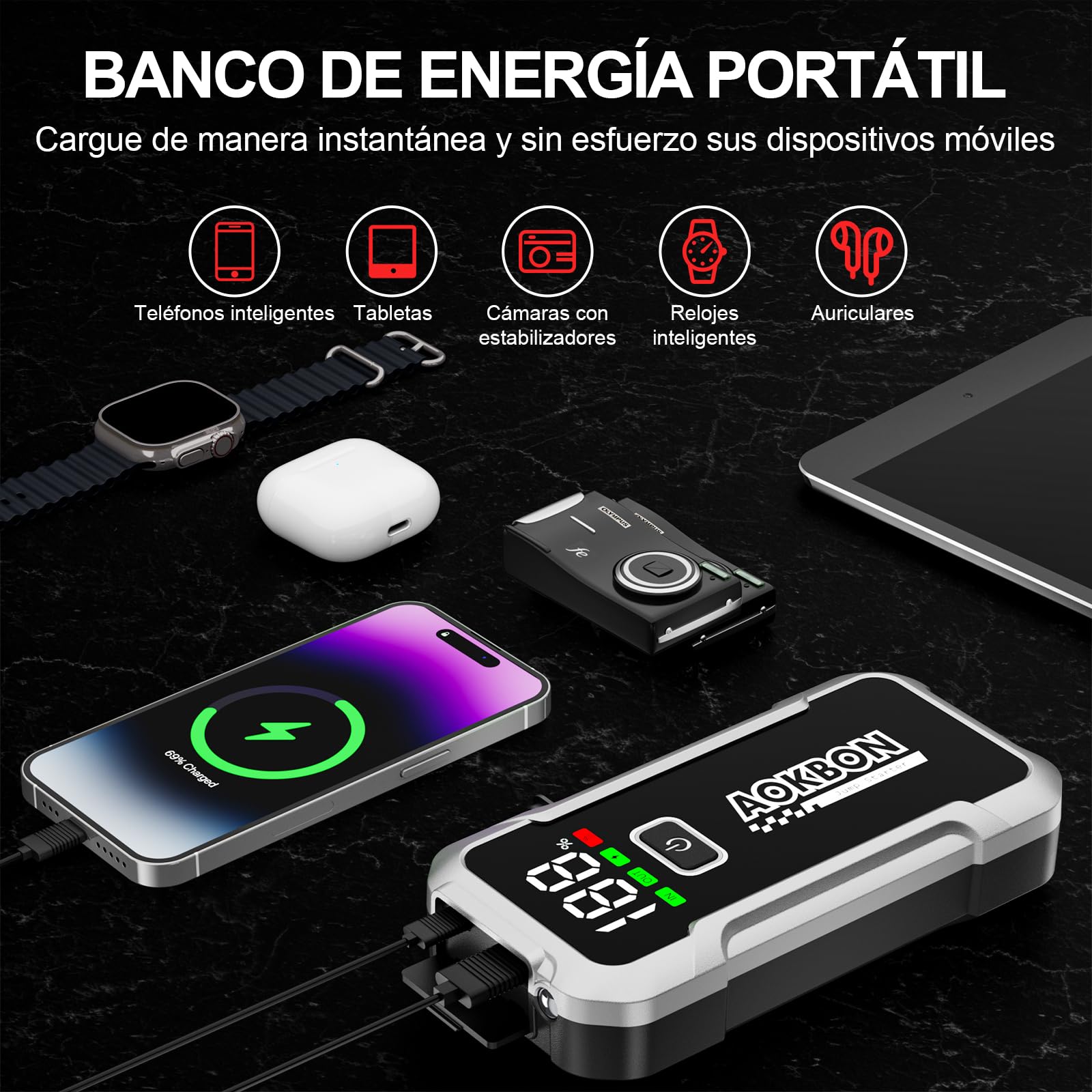 Arrancador de Coches 7000A 12V Arrancador de batería para Todo Gasolina o 10L de Diésel Booster con Pantalla LCD Grande Clips de Seguridad Inteligentes Carga USB y Luz LED