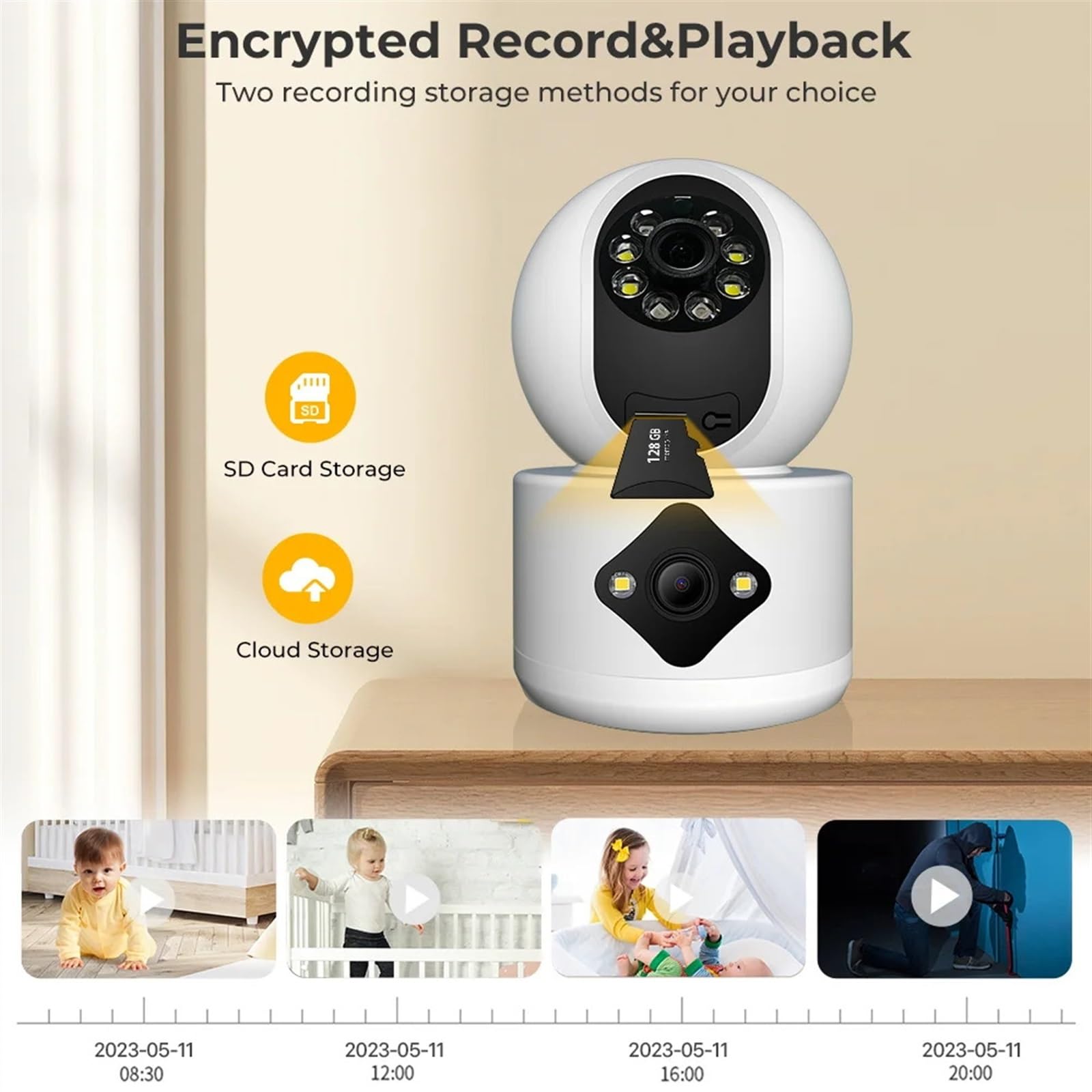 Home Security Camera 4MP kamera z dwoma obiektywami niania elektroniczna baby monitor podwójny ekran 4X Zoom cyfrowy automatyczne śledzenie AI wykrywanie człowieka kryty nadzór wideo CCTV(4MP Add 128G