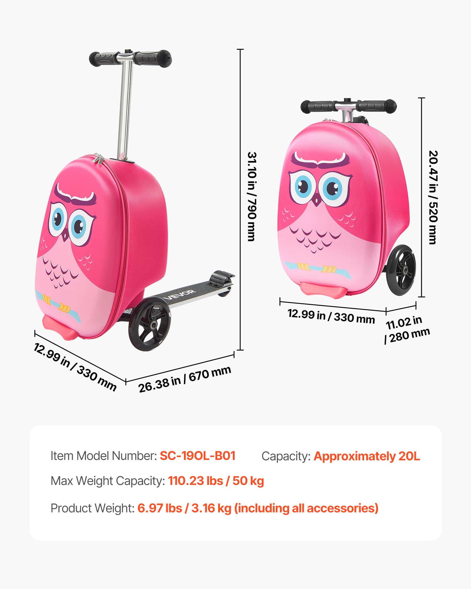 VEVOR Bagaż do foteli, pojemność 20 l, 50,8 cm, walizka na hulajnogę dla dzieci z kółkami Flash-PU, regulowany uchwyt i antypoślizgowy uchwyt TPR, składany i lekki bagaż dla dzieci od 5 lat