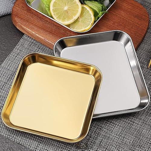Miniatura 2 de Paquete de 2 platos llanos de acero inoxidable, plato de metal grueso para alimentos, bandeja cuadrada pequeña para servir aperitivo, galletas,