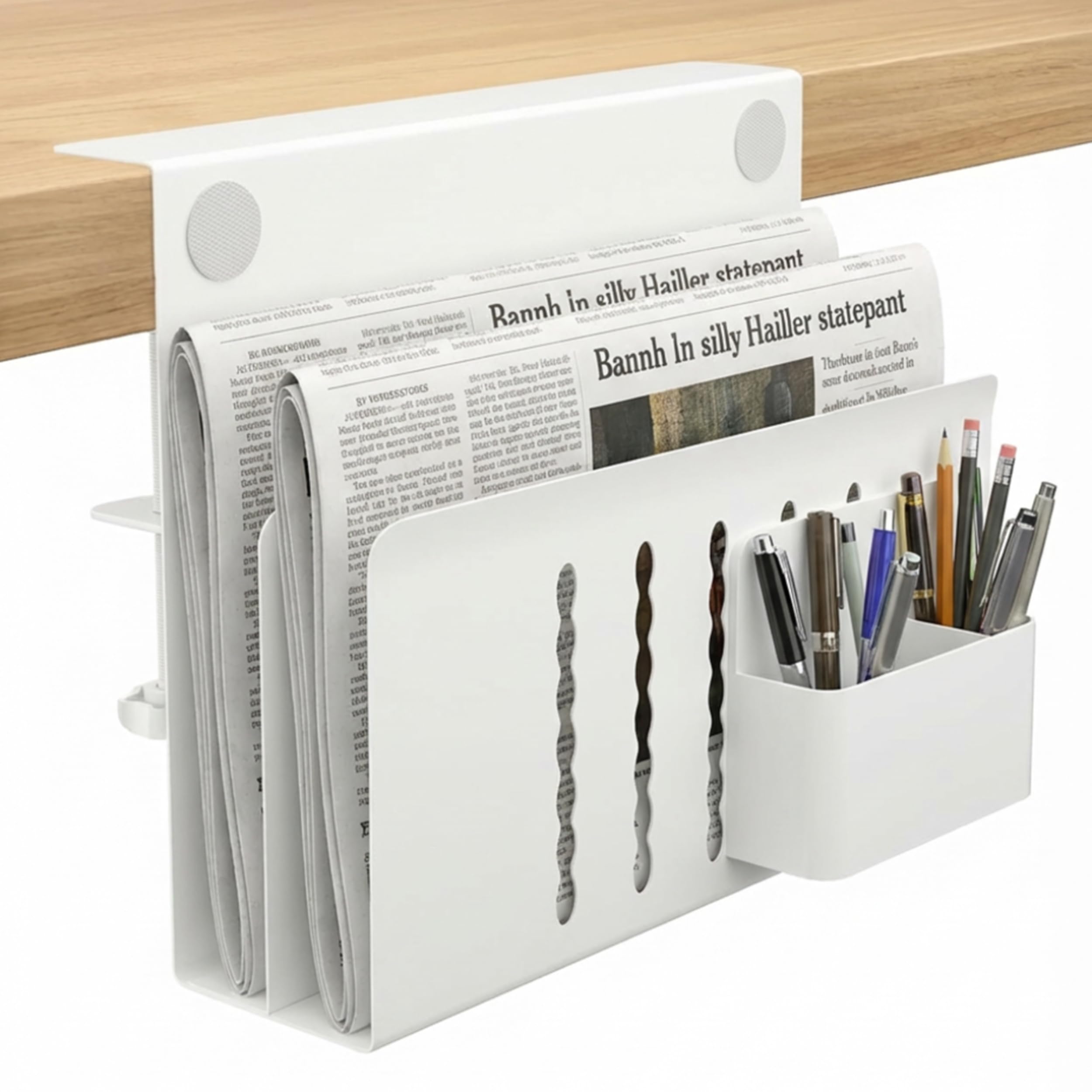 Spacetronik Schreibtisch Seitenaufbewahrung, Desk Side Storage mit Klemme | Ohne Bohren, Laptop Halterung Schreibtisch Seitlich Doppelfach aus Stahl mit Stiftehalter, Weiß, 30x30cm