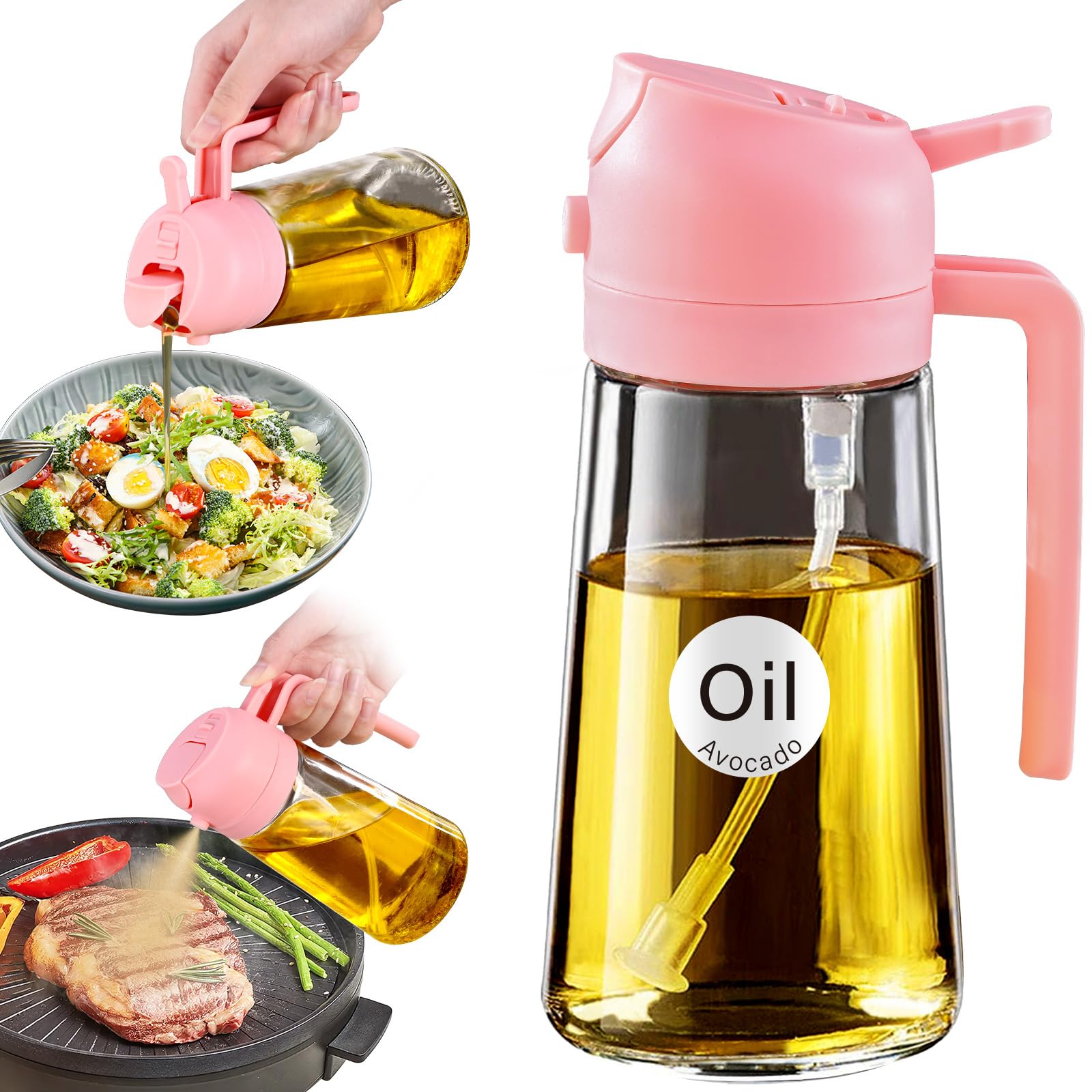 YARRAMATE 16oz/470ml Oil Sprayer for Cooking with Stickers, Food-grade Premium 2 in 1 Olive Oil Dispenser Bottle for Kitchen Gadgets, Air Fryer, Salad, Frying, BBQ (Pink) โ image 1