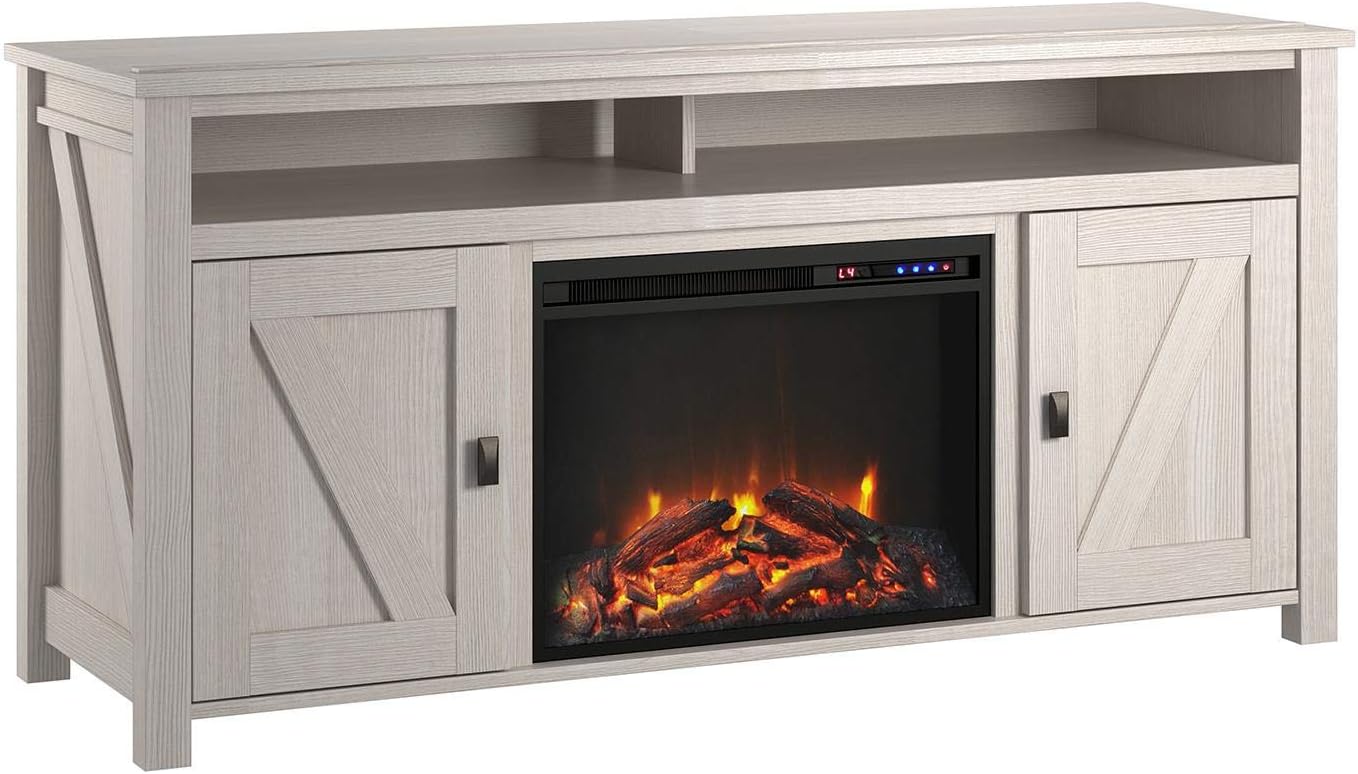 Ameriwood Home Farmington Electric Fireplace TV Console for TVs up to 60", Ivory Oak