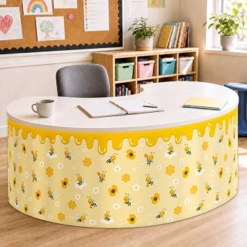 9FT Honey Drip Bee Table Skirt Bumblebee Teacher Desk Skirt Classroom Table Cover for Back to School Decor Rectangle Tablecloth for Farm Birthday Party Decorations Home Dorm Office Bookcase Cabinet
