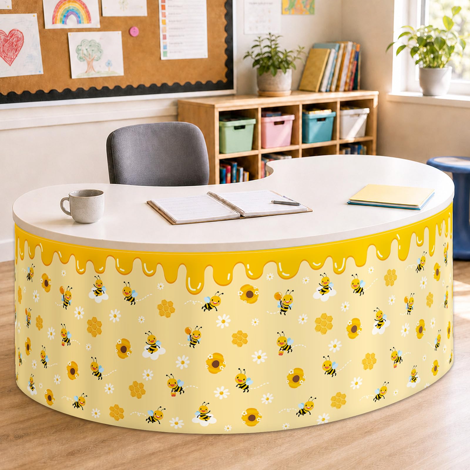 9FT Honey Drip Bee Table Skirt Bumblebee Teacher Desk Skirt Classroom Table Cover for Back to School Decor Rectangle Tablecloth for Farm Birthday Party Decorations Home Dorm Office Bookcase Cabinet