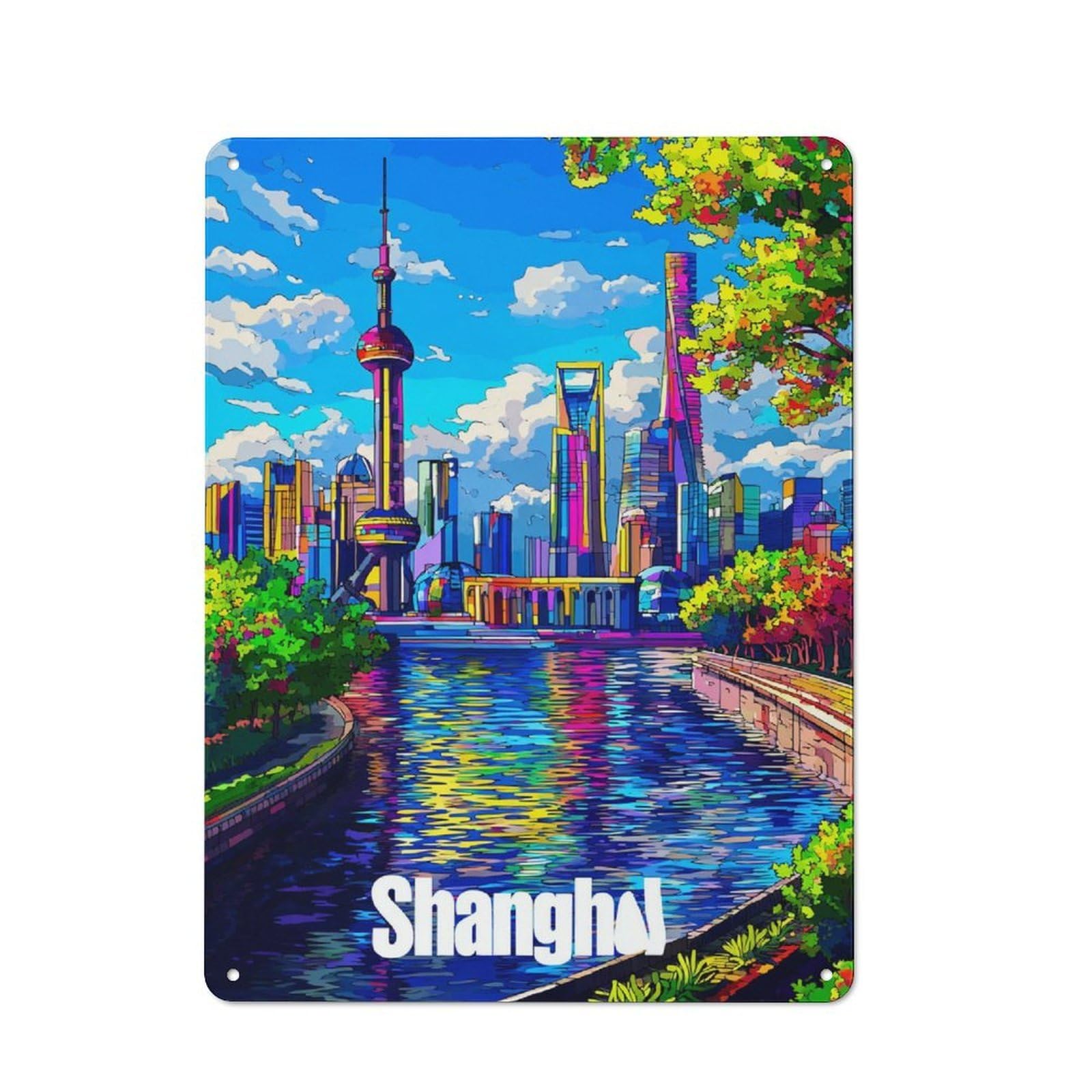 Junmoney Colorful Shanghai Skyline Reflections Garage Metal Sign 40X30cm, Retro Workshop Wall Decor For Tool Room, Garage, Studio Or Home Bar
