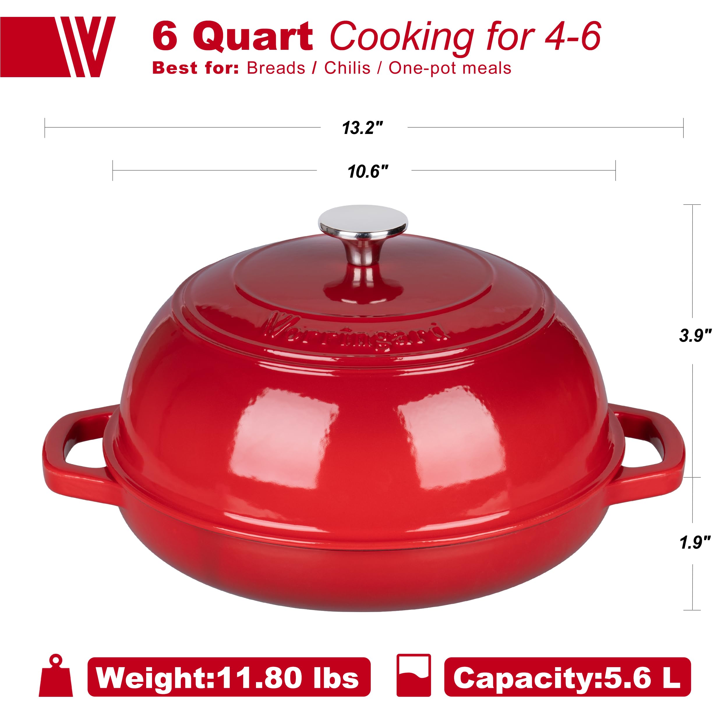 VORRINGARD Olla holandesa de hierro fundido con tapa para hornear pan, incluye suministros para hornear pan de masa madre como cesta de prueba de pan Banneton, horno de pan de 6 cuartos de galón, rojo