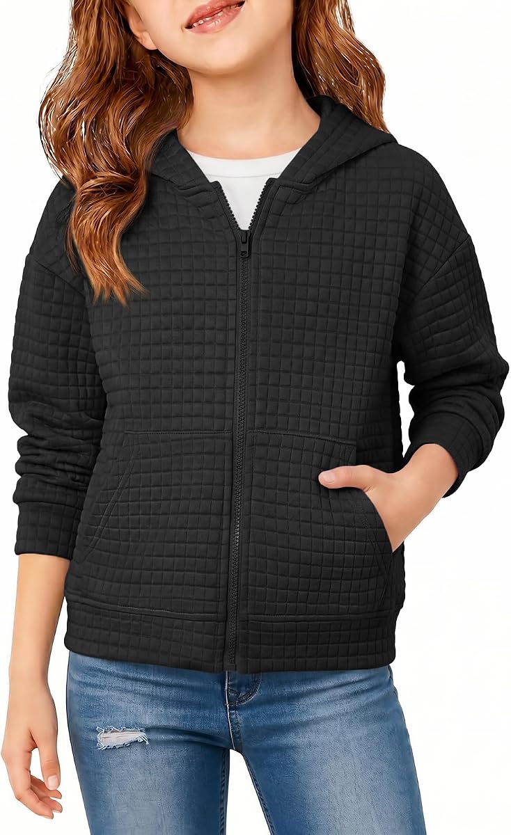 Haloumoning Girls Quilted Zip Up Hoodie Kids Fashion Long Sleeve Jacket | Lightweight Hooded Full Zip Sweatshirt with Pockets 5-14Y, Soft Breathable Fabric, School Casual Outfits, Fall Clothes